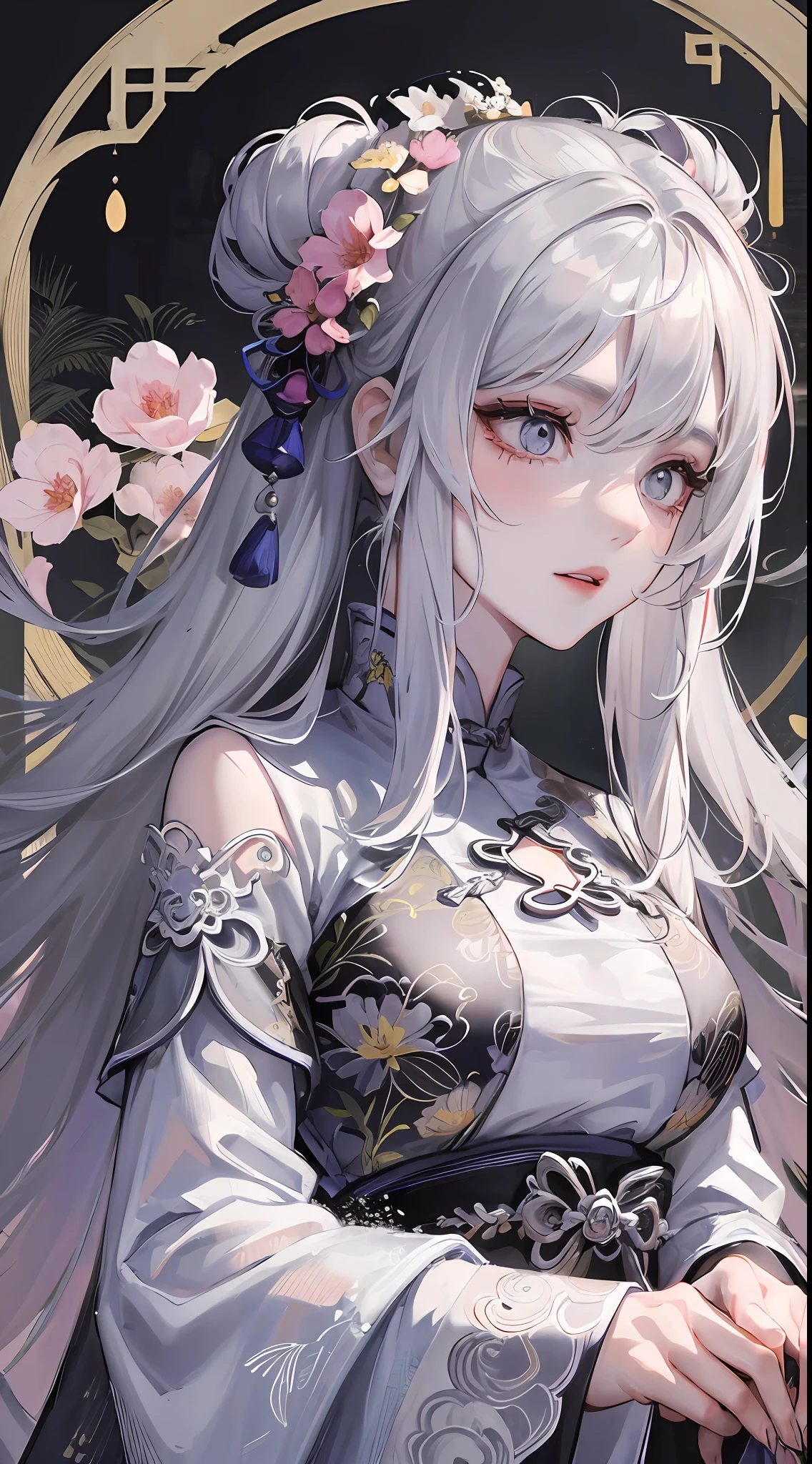 Masterpiece, Best, Night, Full Moon, 1 Female, Mature Woman, Chinese Style, Ancient China, Elder Sister, Royal Sister, Cold Face, Expressionless, Silver White Long Haired Woman, Pale Pink Lips, Calm, Intellectual, Three Belts, Gray Hitomi, assassin, dagger, flower ball background, street view