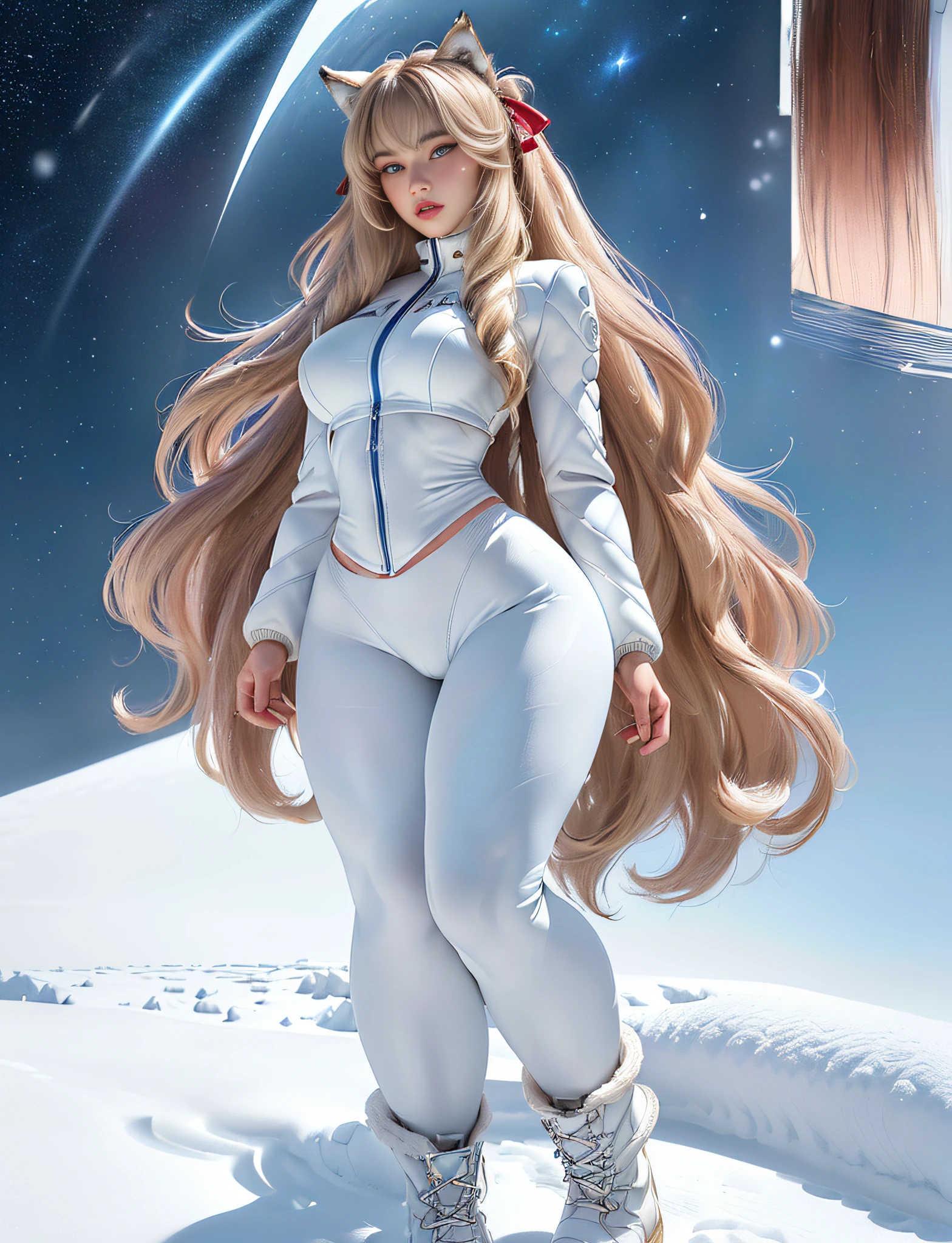 ((very detailed RAW color photo)), (((1 girl))), (((alone))), (((32 years))), ((athletic)), ((very defined toned physique)), ((very defined and beautiful muscular body)), (((very detailed perfect body))), (((small and defined breasts))), (((ultra defined curves))), (((superior quality, 8k, masterpiece: 1.3)), sharp focus: 1.2, (((extremely beautiful girl with perfect figure: 1.4))), ((very thin waist: 1.2)), ultra detailed skin texture, ((perfect and beautiful hands)), ((smooth and soft skin)), (ultra detailed fabric texture), extremely beautiful face ultra detailed, (((extremely beautiful))), ultra detailed, (((girl wearing a white snow jacket and tight snow leggings with very modern hiking boots))), (((the suit is white and modern))), (((extremely long curly blonde hair))), extremely beautiful, (((extra long ponytail with bangs))), ((very detailed and beautiful wolf ears)), (hair on the face), ((hair ribbon)), dynamic pose, ((uniform leaves thighs exposed)), ((ultra detailed and toned legs)), (((ultra detailed waist))), (((very wide hips))), (((very thick and toned thighs))), (sexy), (((extreme hourglass figure))), (((very thick heart lips))), (((red lipstick)), ((ultra detailed lips)), ((ultra detailed blue eyes)), ((angry look)), (((staring at the viewer))), ultra detailed provocative mouth, extremely beautiful seductive lips, ((blushing)), (makeup), (((ultra defined waist))), eye shadow, (full body shot), she is on a snowy planet, starry sky, galaxies