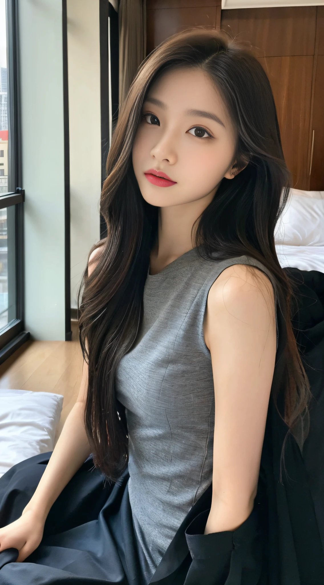 (1girl:1.2), on the big bed next to the floor-to-ceiling window, woman in a fluent modal dress, dark color, dark color matching, elegant temperament, elegant intellectual feeling, high image quality, long hair, fine skin texture and cloth texture, detailed eyes, fine long eyelashes, double eyelids, portrait photography, focal length 85 mm, aperture F1.2, God perspective, realism, (upper body close-up), idyllic good time,