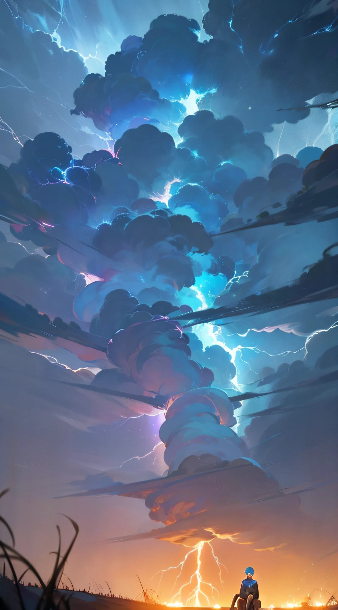 A blue-haired boy meditates on the ground, lightning storm, beautiful lightning, detailed lighting and thunder, lightning, lightning, amazing lightning, lightning storm, dramatic lightning, bad weather storm, beautiful lightning, thunderstorm, dramatic lightning, lightning, dark storm of lightning, large lightning storm, crazy lightning, contrast lightning