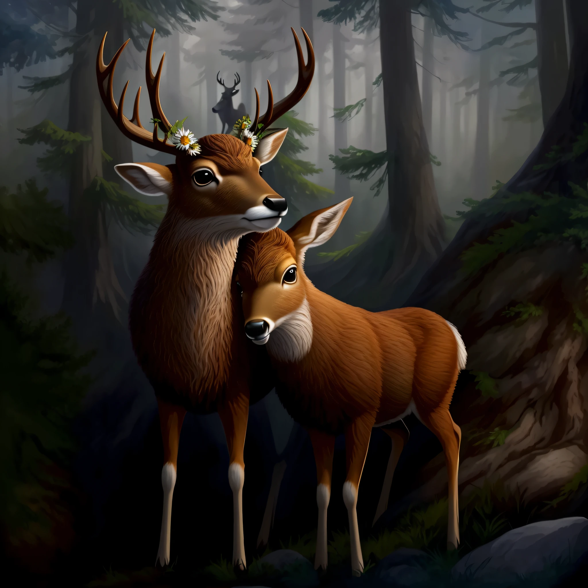 stand in a bright forest, stand in a glade of daisies, sunny forest, on the background of pine trees, pine trees, There are two deer standing next to each other in the forest, deer, elegant digital painting, deer portrait, wildlife illustration, high-quality digital painting, beautiful digital paintingmagnificent digital painting, grandeur, fauns, very detailed digital painting, realistic illustration, 444