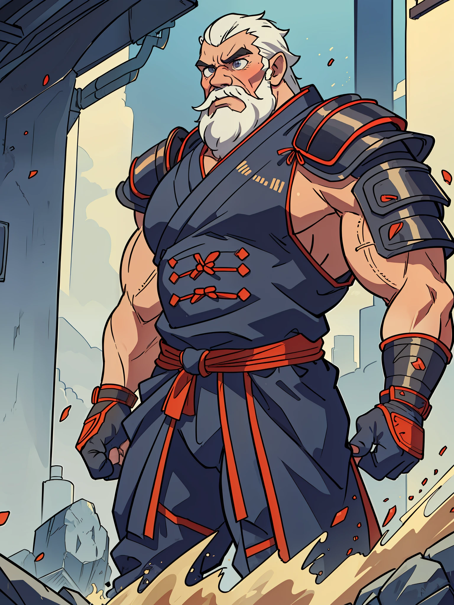(view half body),high resolution, aged,(muscle+bodybuilder+walking:1.4), view ((half body)) big muscular old man, facial hair, white beard,samurai, armored, samurai armor, focus eyes, sharp eyes, old man eyes,