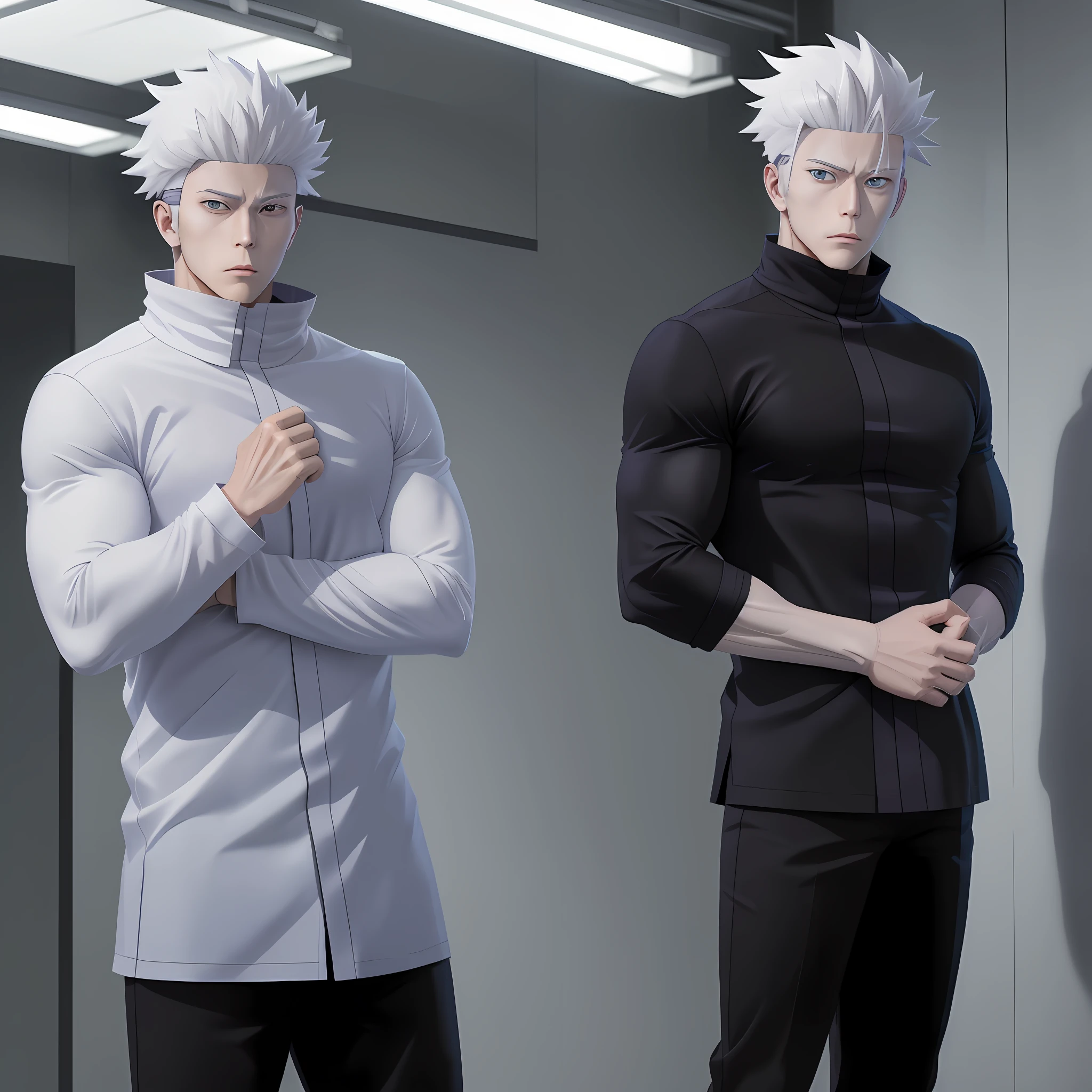 gojo Satoru,white hair, jujutsu kaisen anime,realistic, ultra hd, standing, hands in trouser pockets, has cloth in his eyes that tert,handsome anime pose, a muscular, male anime character, anime man, inspired by Yamagata Hiro, full-cosplay, professional cosplay, muscular male hero,perfect skin anime,black,