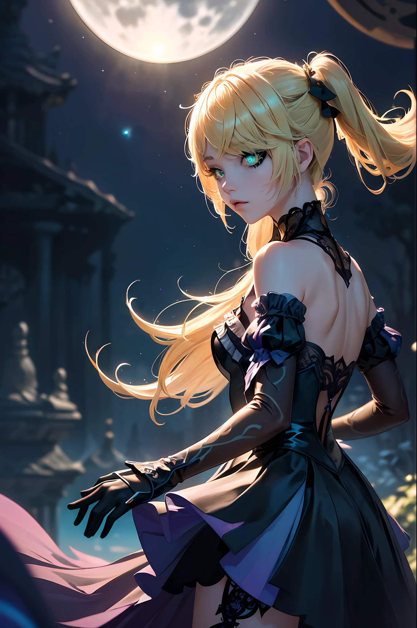 (Masterpiece:1.2), best quality, (night sky, medium length blond hair:1.2),(illustration:1.2), beautiful scenery, scared,(Masterfully crafted Glow, lens flare), (ultra-detailed), hyper details, (delicate detailed), (intricate details), (cinematic light, best quality Backlights), clear line, new world, viewer, solo female, solo female, perfect body, (1girl), (Bright bioluminescent hair hair, bright glowing eyes), (Dynamic:1.3), ((makeup)), high contrast, (best illumination, an extremely delicate and beautiful), ((cinematic moonlight)), colourful, ((Photoshop Pastel Painting:1.1)), ethereal, (Cinematic masterpiece),suspense, splashes of colour, absolutely eye-catching, ((caustic)), dynamic angle ,beautiful (detailed glow), (eerie),(Intricate Detailed Cinematic Scenery Behind:1.2),ambient occlusion, (ambient moonlight), ray-traced reflections, intricately detailed visible background , (glowing spacesuit), Terrifying, (bioluminescent vegetation:1.2), blond ponytails, black rode eyepatch, dark purple gothic dress
