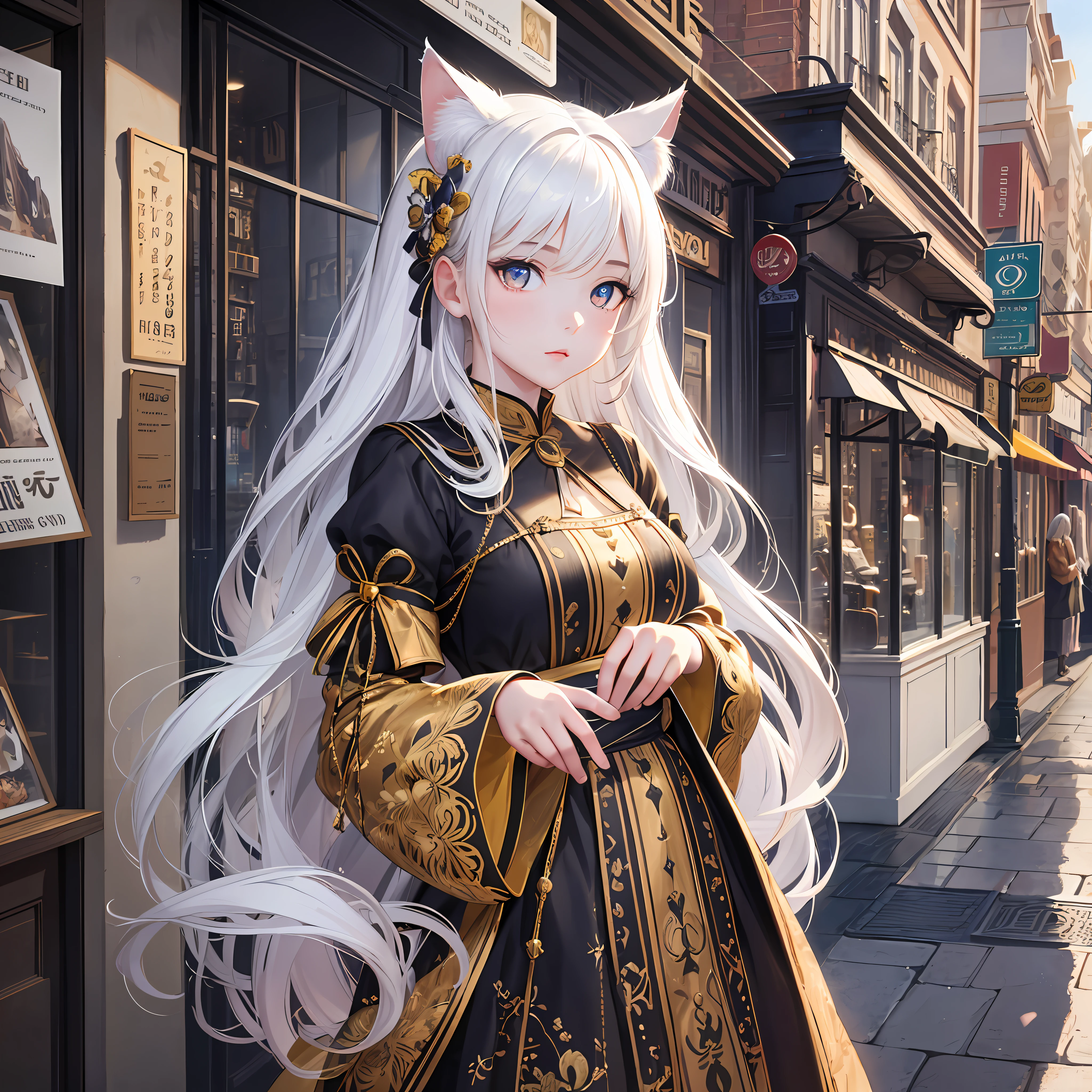 realistic,photorealistic,masterpiece,best quality,1girl,solo,standing in street,looking at viewer,Amazing,beautiful detailed eyes,finely detail,Depth of field,extremely detailed CG,extremely detailed wallpaper,white_hair,cat_ears,long_hair,white_hair/yellow_eyes,.