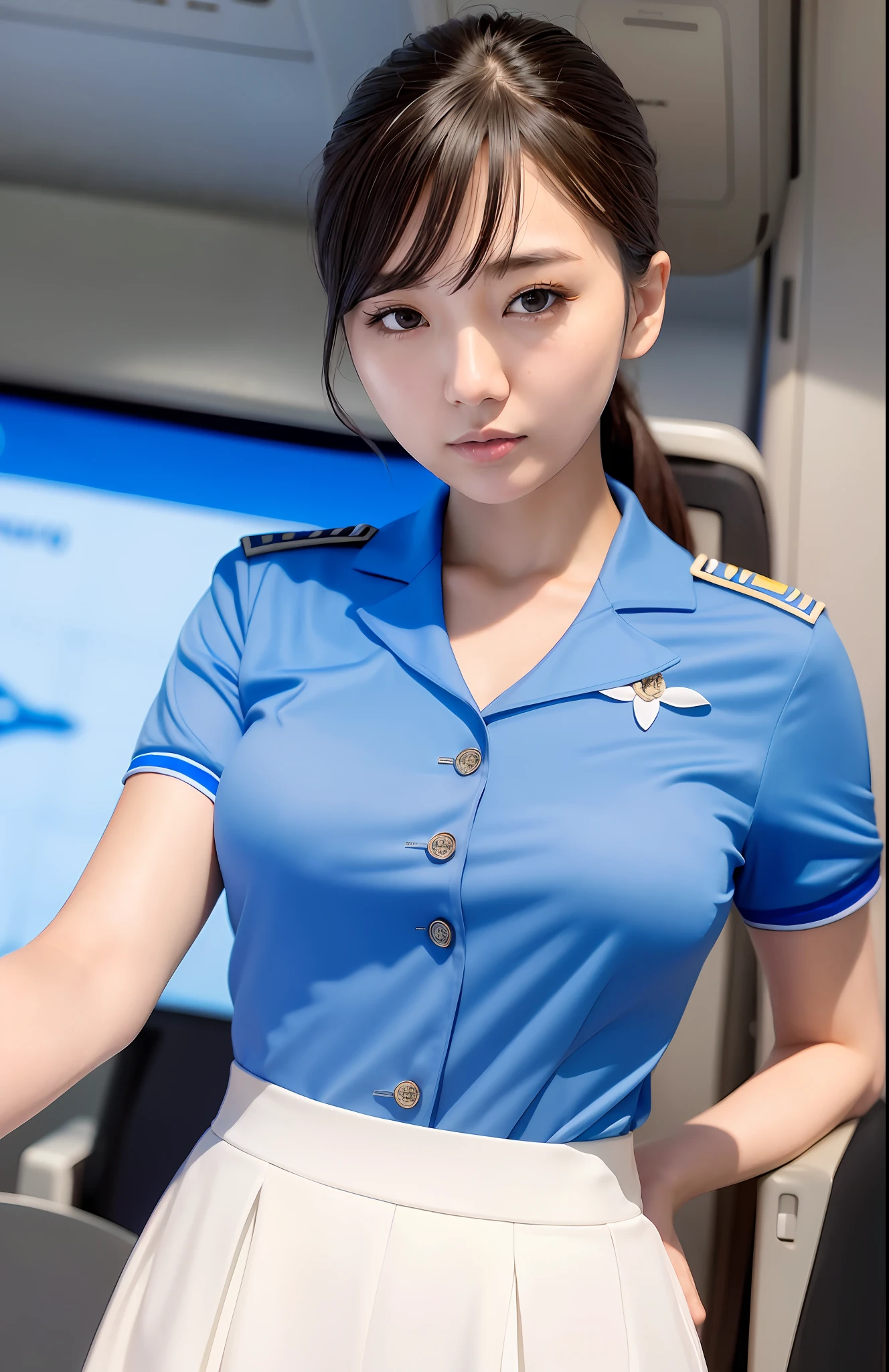 photo of a ultra realistic 4k, hyper realistic, focused, perfect face, beautiful face, lots of fine detail, photography, photorealism, the highest quality, the highest detail, Third-Person View, Long Exposure, 8K, Ultra-HD, ultra details, award-winning photography,
stewardess, in airplane, short hair, ponytail, Korean, Korean idol, Korean beauty, full body, white skirt, blue short sleeve Korean airline uniform,