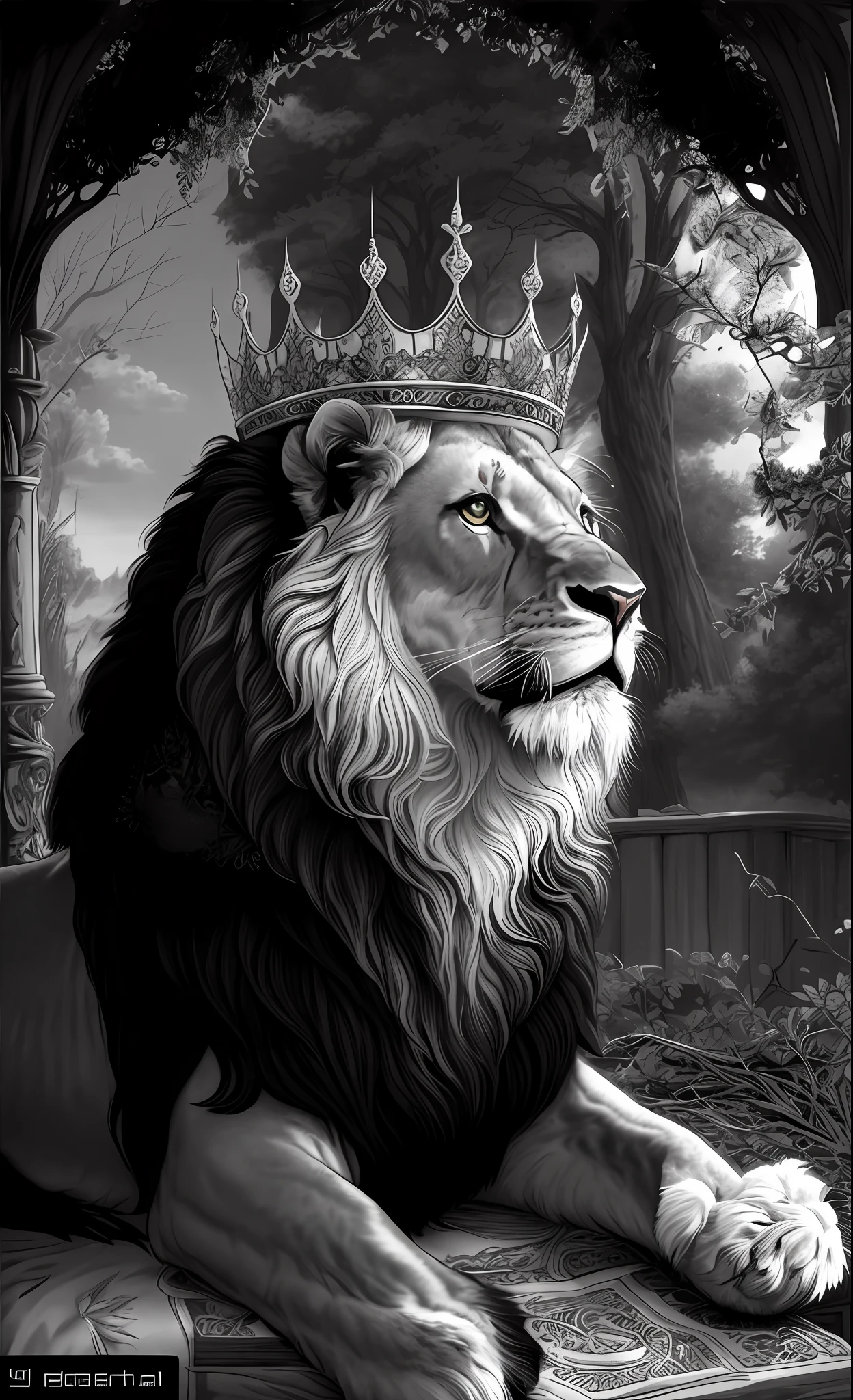 Line art, black & white, beautiful 1lion, white background by J Scott Campbell