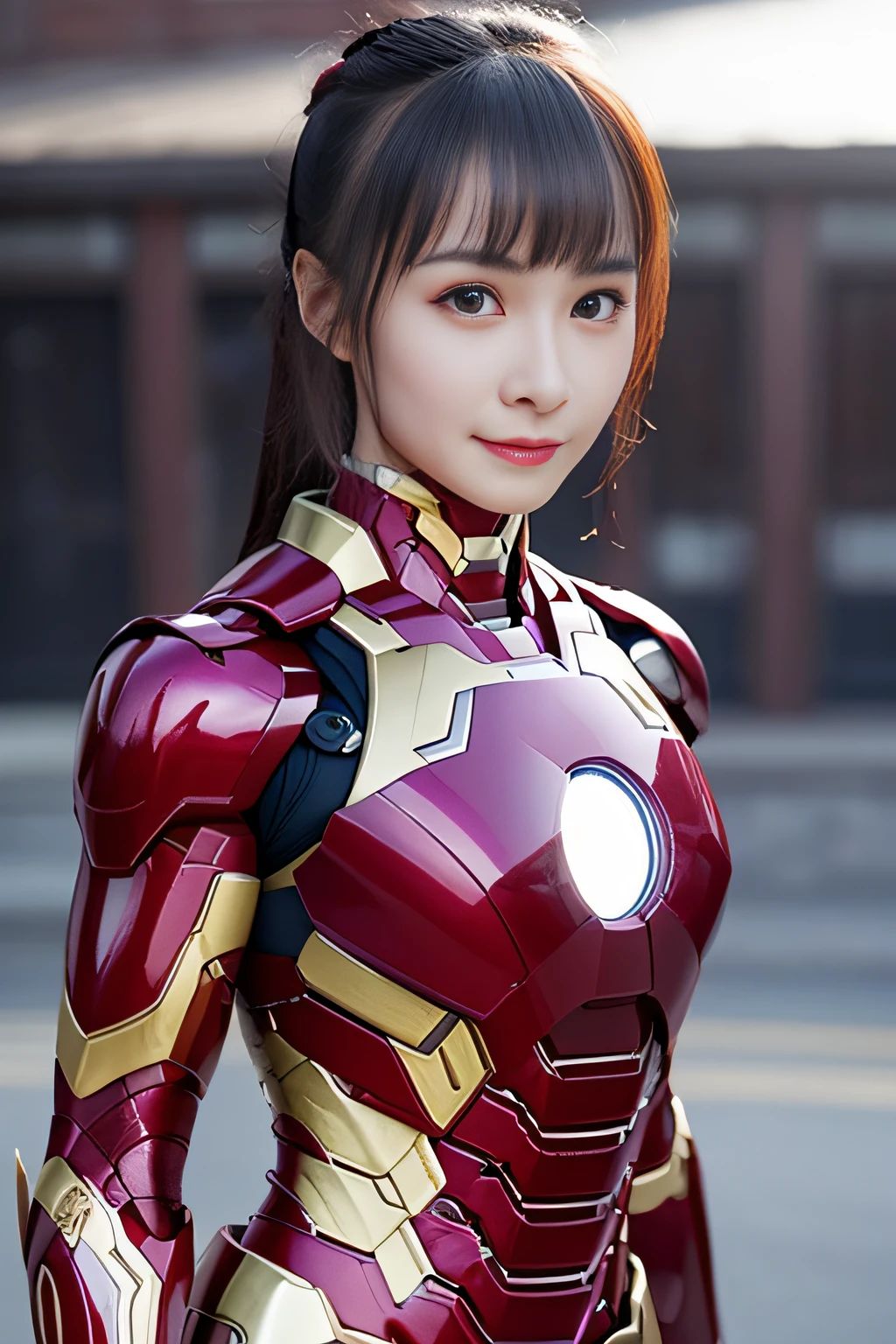Chinese theme, raw color photo, long shot, realistic, 1girl, a 21-years-old girl, in basement, ironman suit, best quality, detailed eyes, beautiful and symmetrical face, slim body, detailed hip, small breast,  serious expression,  photorealistic, lighting, nighttime, dynamic_color_range