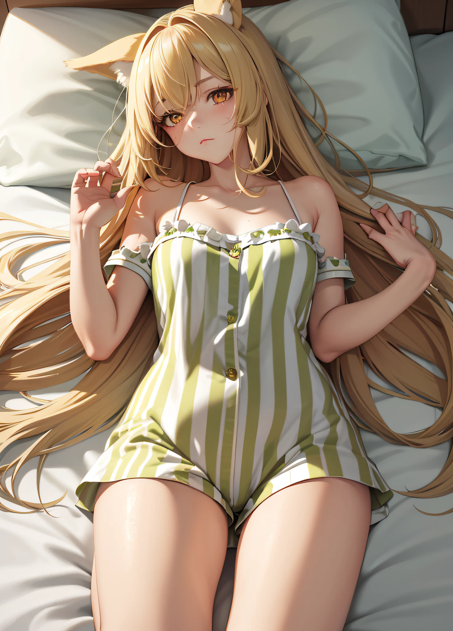 Masterpiece, top quality, alone, (young woman), solo, blonde long straight hair, big, thighs, dog ears, (golden eyes), pajamas with green and white stripes, barefoot, (red cheeks), (very sleepy), legs open, ((aomuke)), lying, looking down from above