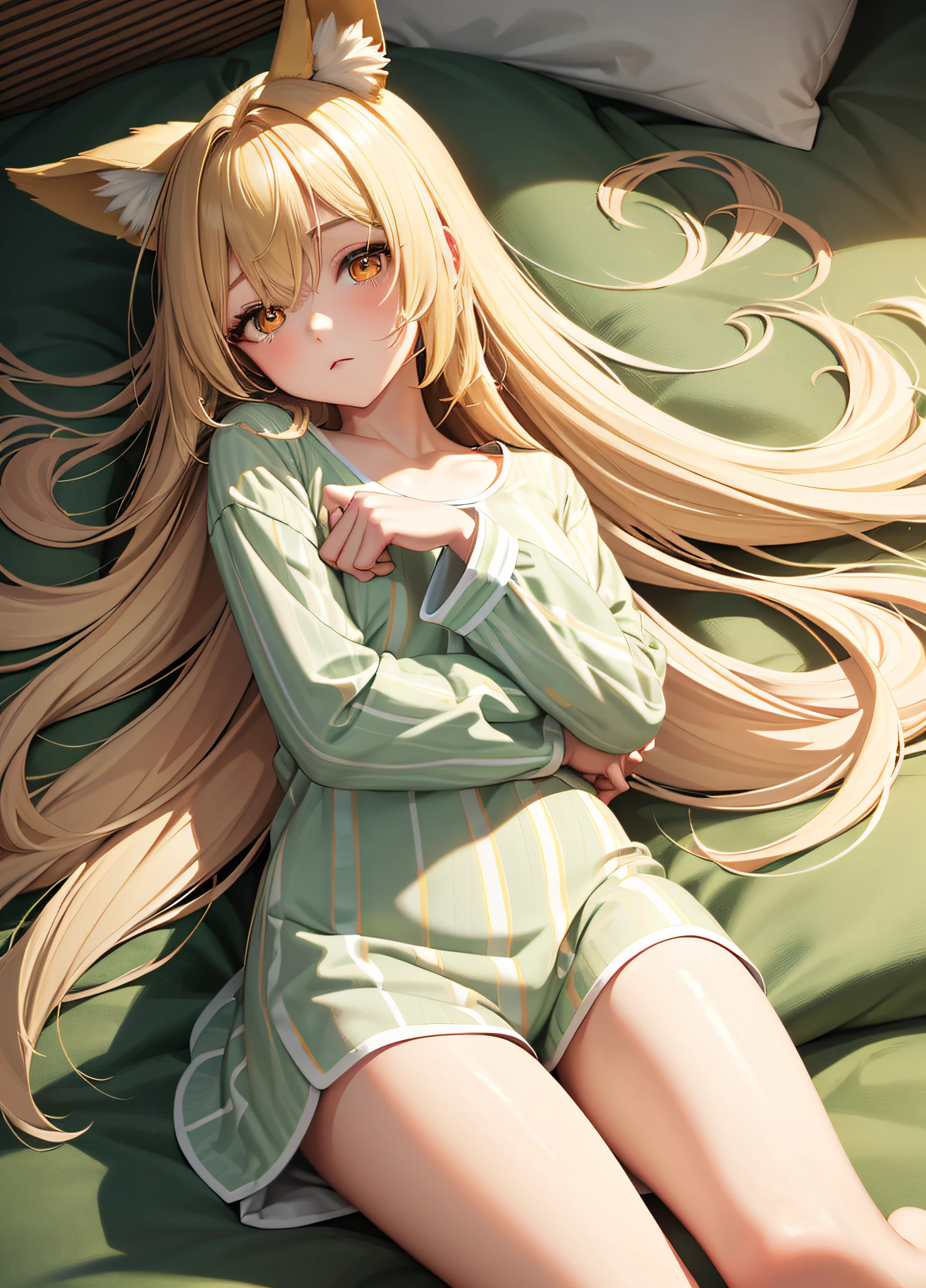 Masterpiece, top quality, alone, (young woman), solo, blonde long straight hair, big, thighs, dog ears, (golden eyes), pajamas with green and white stripes, barefoot, (red cheeks), (very sleepy), legs open, ((aomuke)), lying, looking down from above