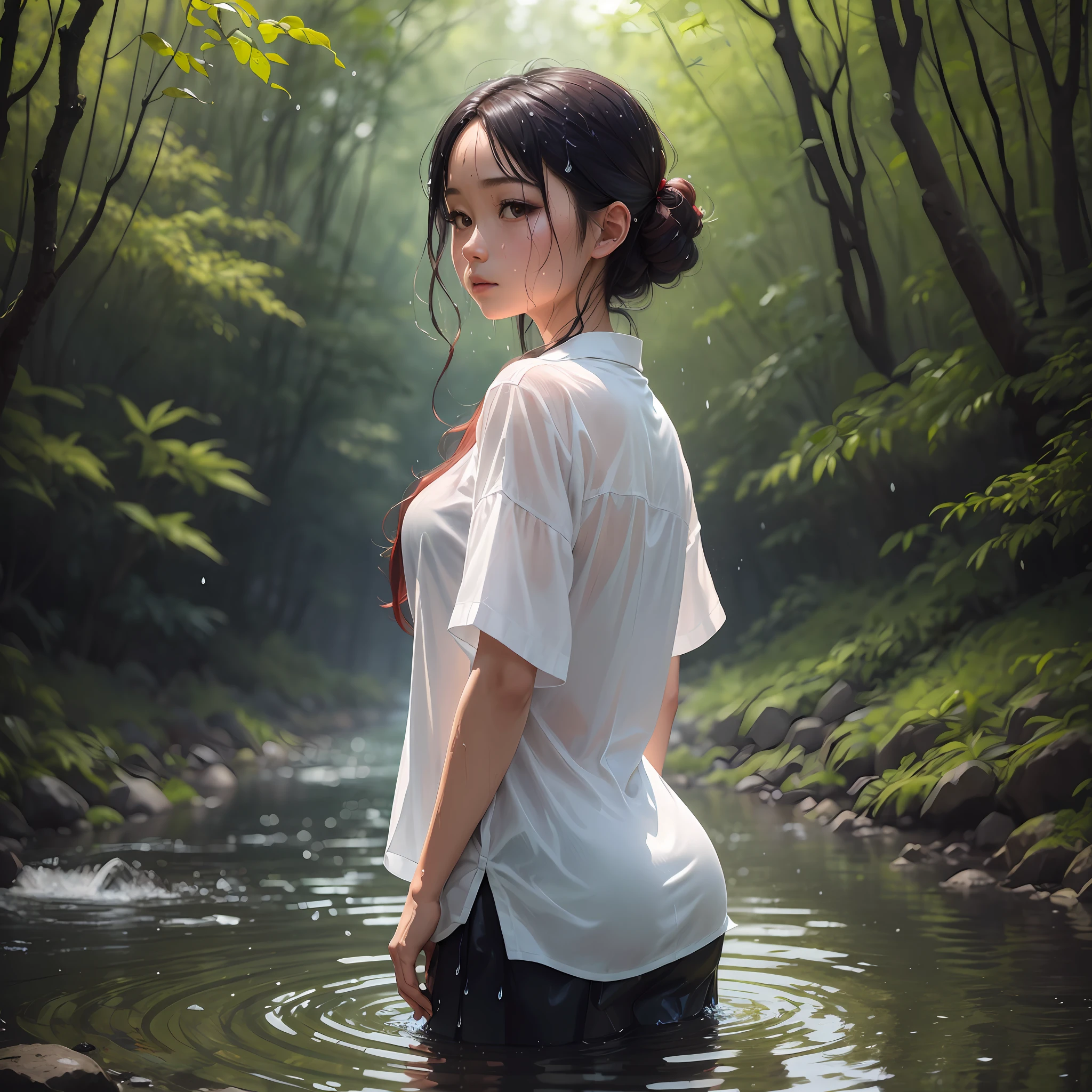 An (ultra-realistic, best quality) portrait of Kobeni, drenched in water, in a serene forest setting. She wears a (wet) white shirt and stands with her hand at her back, blue skirt, big red hair clips
