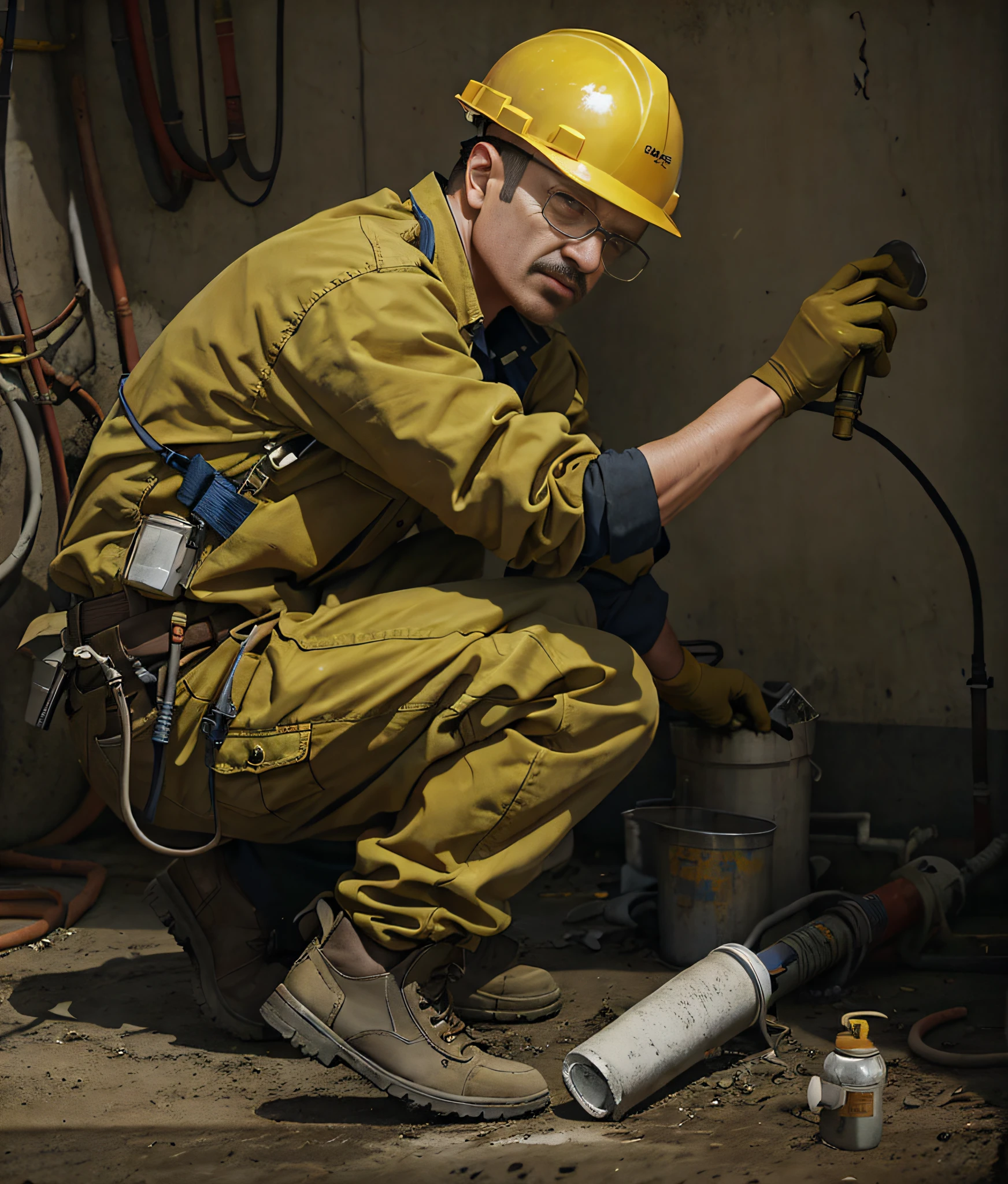 arafed man in a hard hat and safety gear working on a construction project, maintenance, maintenance photo, portrait shot, engineer, closeup photograph, advertising photo, technical, mechanic, wearing plumber uniform, promo image, powerful scene, intense scene, walter white hiding in a sewer, 5 feet away, focused shot, professional work, aesthetic shot, cool looking