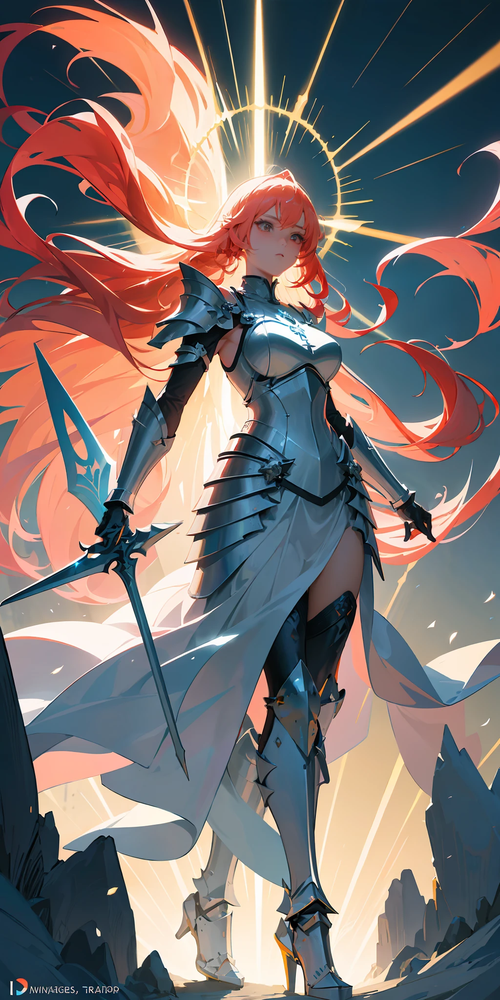 digital illustration, anime style, the (glorious warrior of light:1.3), glory-infused, holy divine armor, delicate, sublime, epic pose, (power overwhelming:1.2), (holy fire), beautiful beyond words, awe inspiring, highly detailed, volumetric lighting, vibrant triadic colors, dynamic composition, sharp and crisp image, done in photoshop, feminine shapes