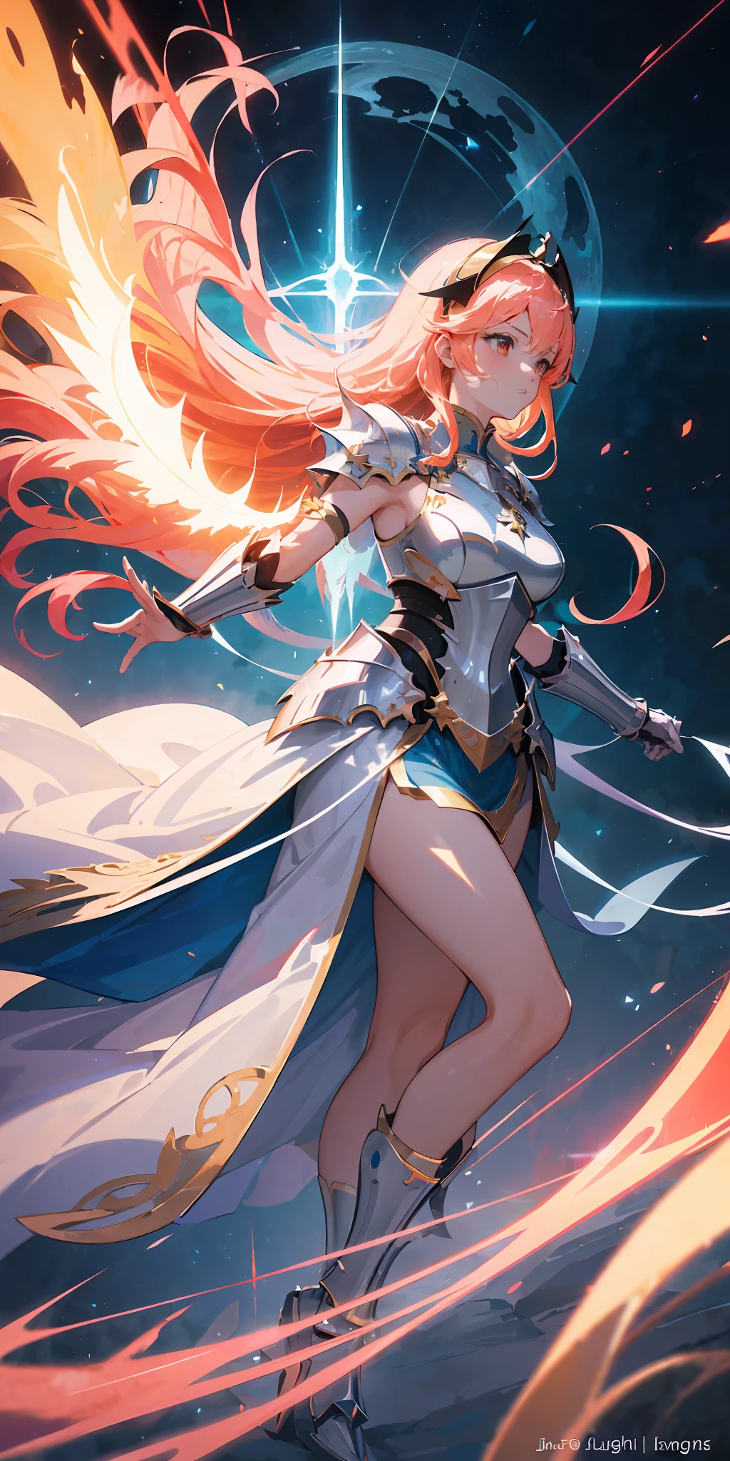 digital illustration, anime style, the (glorious warrior of light:1.3), glory-infused, holy divine armor, delicate, sublime, epic pose, (power overwhelming:1.2), (holy fire), beautiful beyond words, awe inspiring, highly detailed, volumetric lighting, vibrant triadic colors, dynamic composition, sharp and crisp image, done in photoshop, feminine shapes