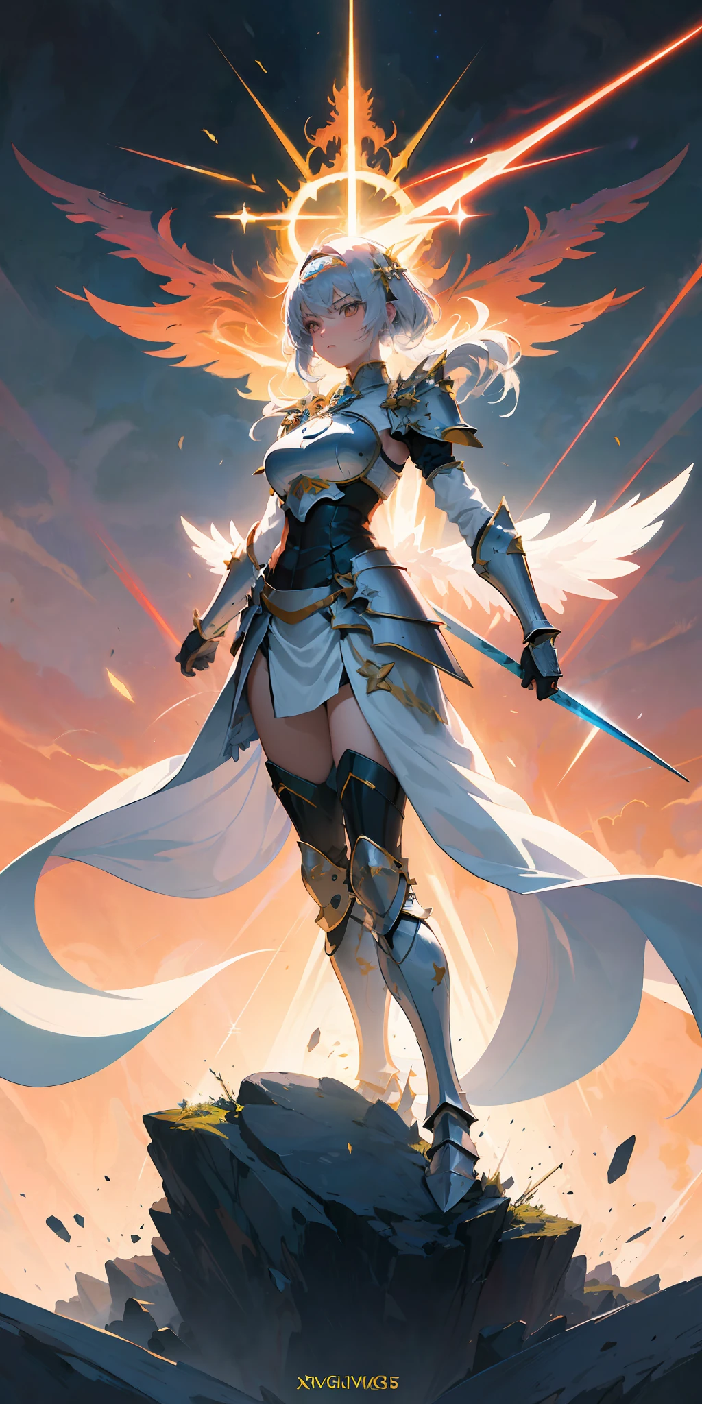 digital illustration, anime style, the (glorious warrior of light:1.3), glory-infused, holy divine armor, delicate, sublime, epic pose, (power overwhelming:1.2), (holy fire), beautiful beyond words, awe inspiring, highly detailed, volumetric lighting, vibrant triadic colors, dynamic composition, sharp and crisp image, done in photoshop, feminine shapes