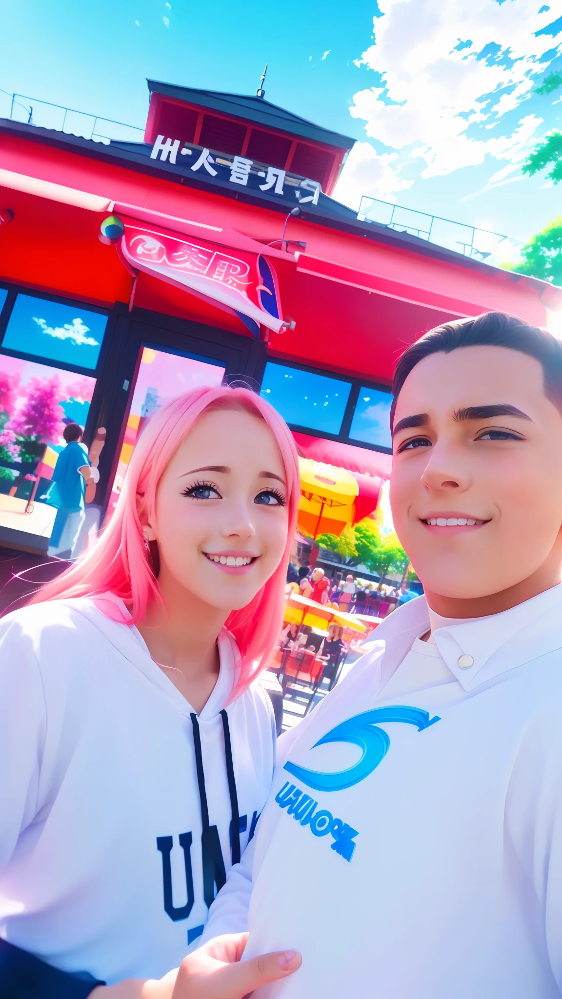 ((imagem de anime)), best quality, ultra-detailed, outside a restaurant, (1boy+1girl), striking a pose, vibrant colors, high saturation, dynamic angle, ultra high resolution (8k), youthful, cheerful.