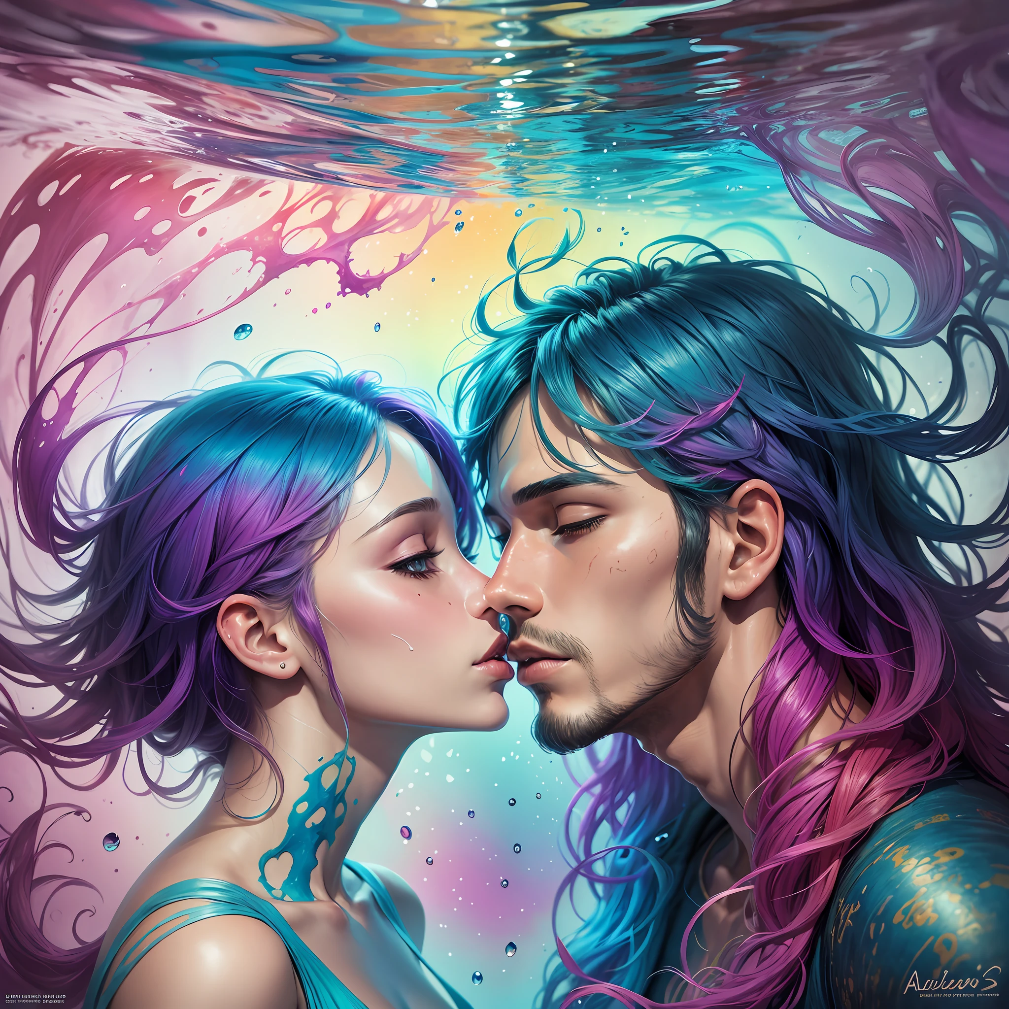 Abstract colorful underwater ink art of kissing man and woman, natural color skin, rainbow hair, romantic lighting, award winning underwater ink art by alberto seveso --auto --s2
