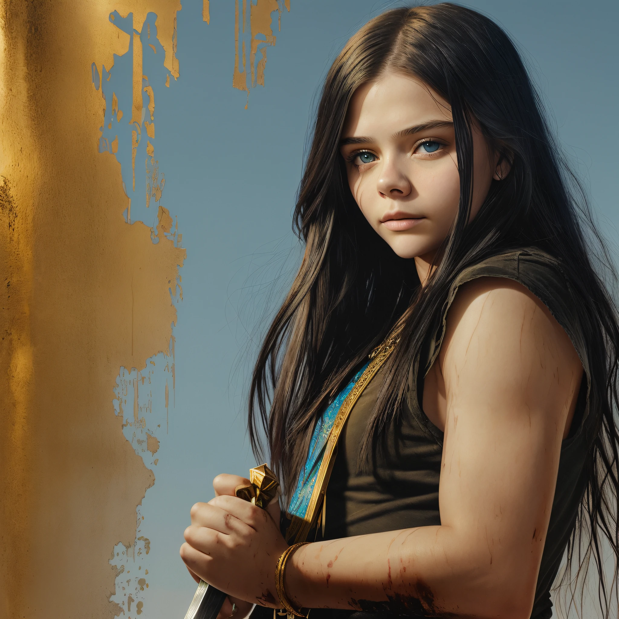 Chloe Grace Moretz, 17 years old, long black hair, survivor, blue eyes, holding a golden knife, face soiled with blood and dust