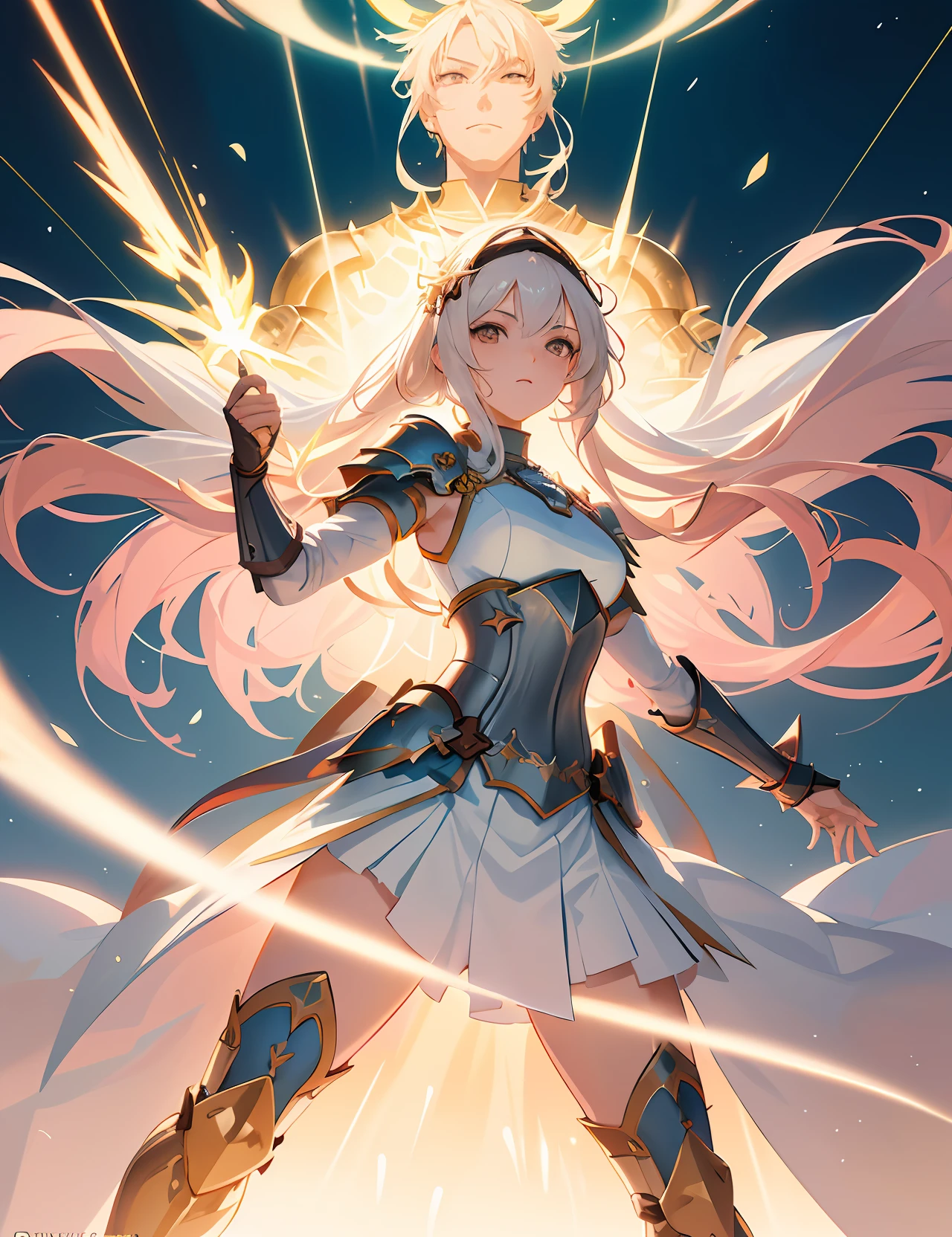 perfectly structured, digital illustration, anime style, the (glorious warrior of light:1.3), divine light armor, delicate, sublime, epic pose, (power overwhelming), divine fire, beautiful beyond words, highly detailed, volumetric lighting, kawaii pastel colors, dynamic composition, sharp and crisp image, done in photoshop, masculine shapes