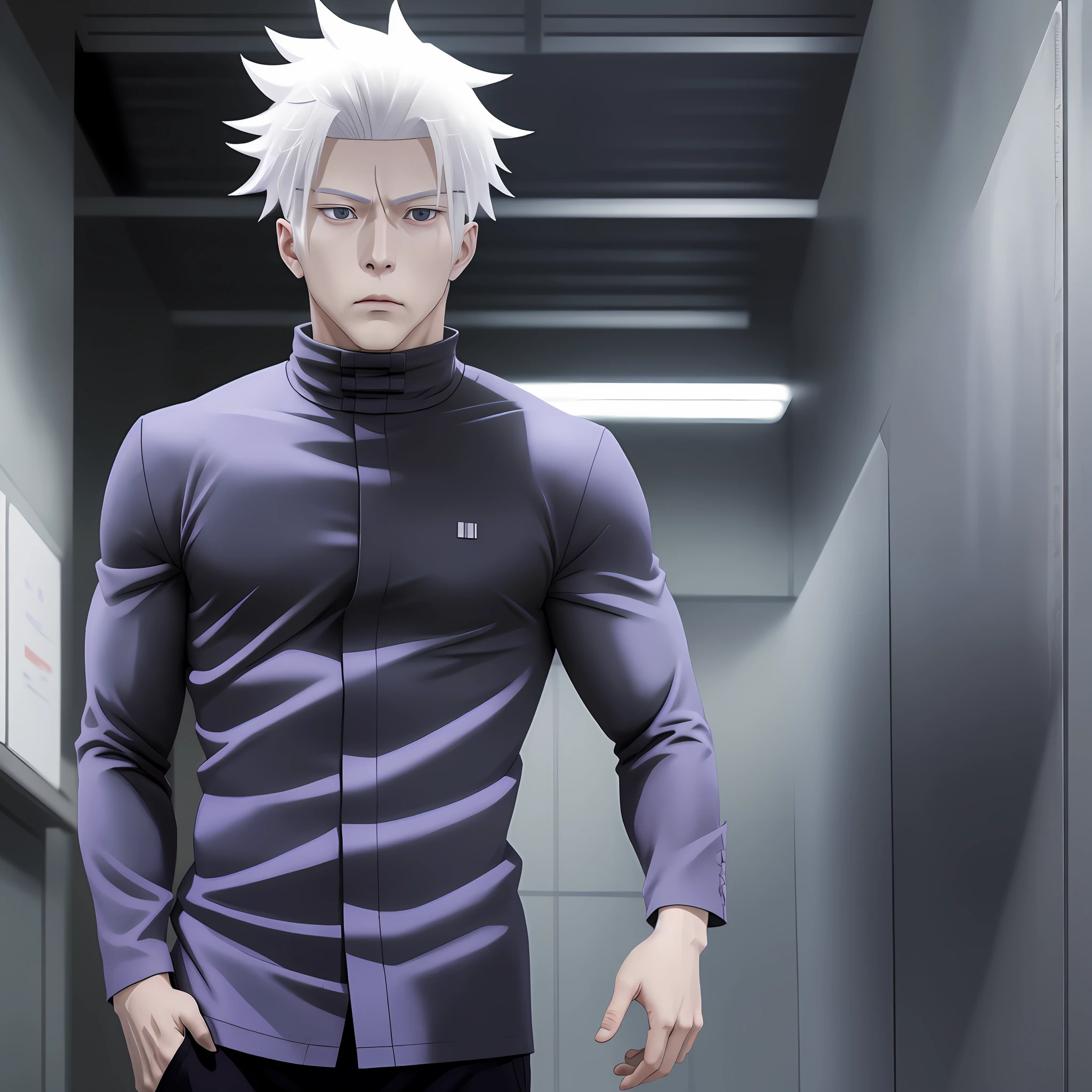 gojo Satoru,white hair, jujutsu kaisen anime,realistic, ultra hd, standing, hands in trouser pockets, has cloth in his eyes that tert,handsome anime pose, a muscular, male anime character, anime man, inspired by Yamagata Hiro, full-cosplay, professional cosplay, muscular male hero,perfect skin anime,black,one man in frame