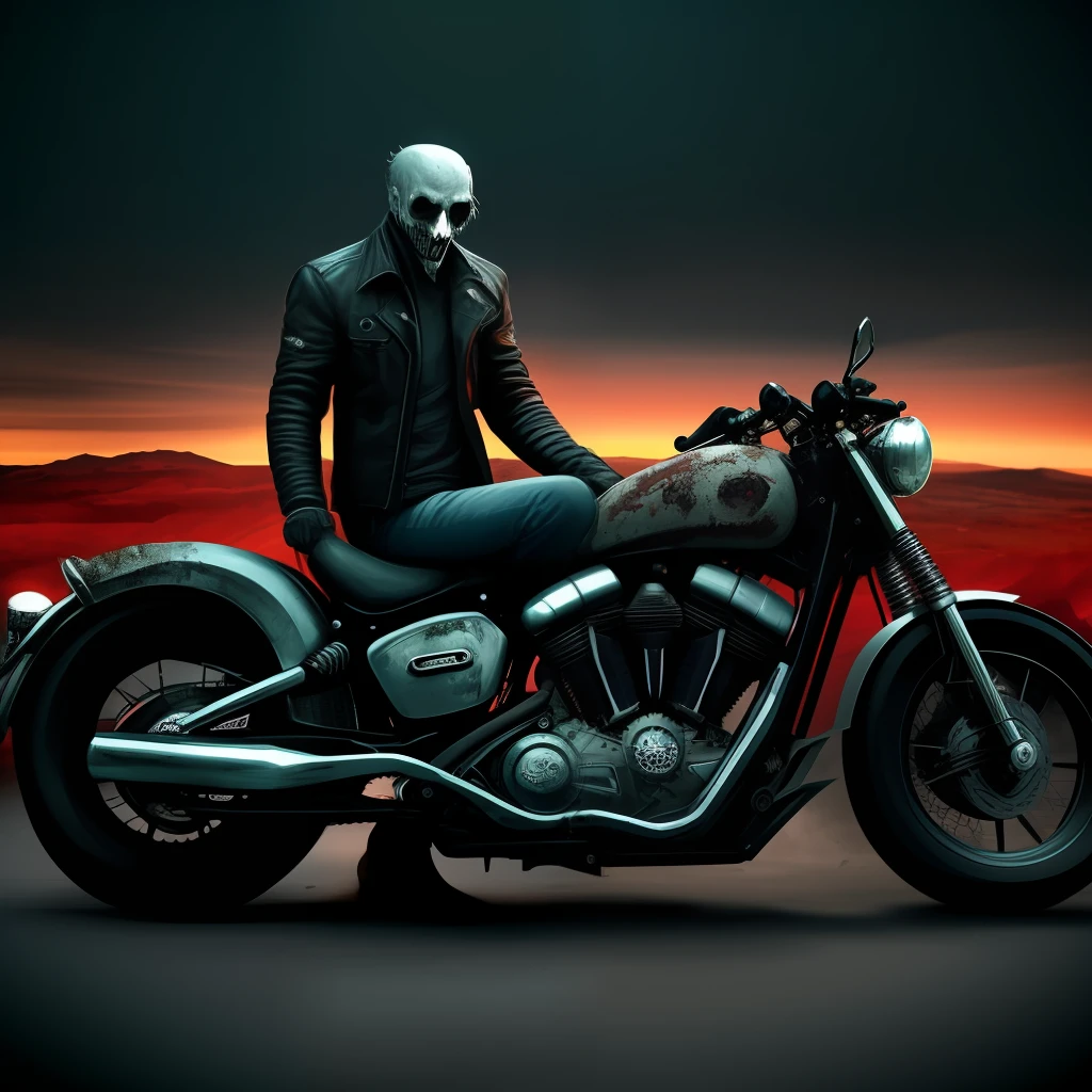 Man motorcycle saw, landscape of darkness in hell, bodies split in half and split next to each other, demonic of darkness in the middle