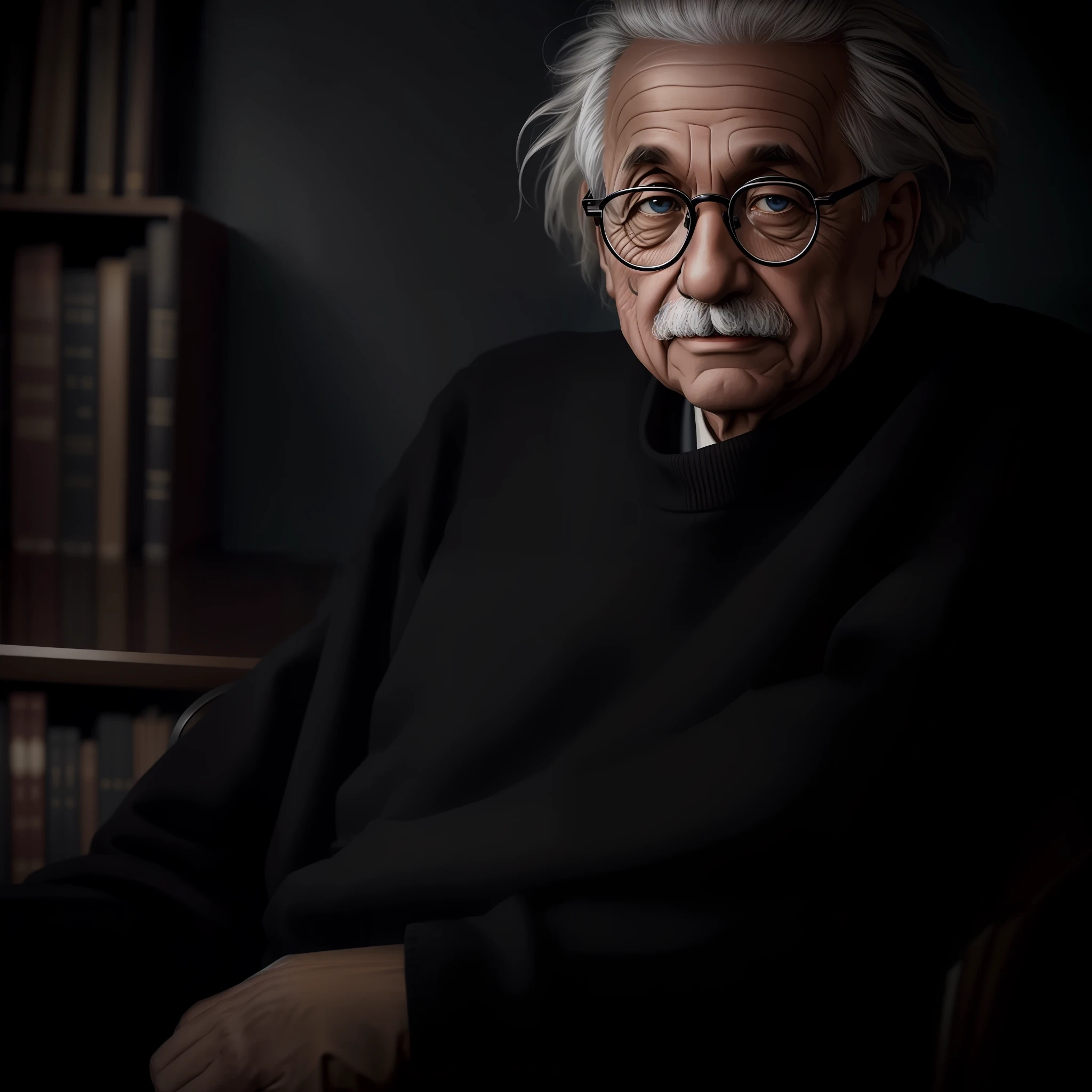 Albert Einstein in glasses with wide black sweater, sitting in an armchair, library, blackboard with algebra scriptures, color photography, hyperrealism, realistic photography, realistic lighting