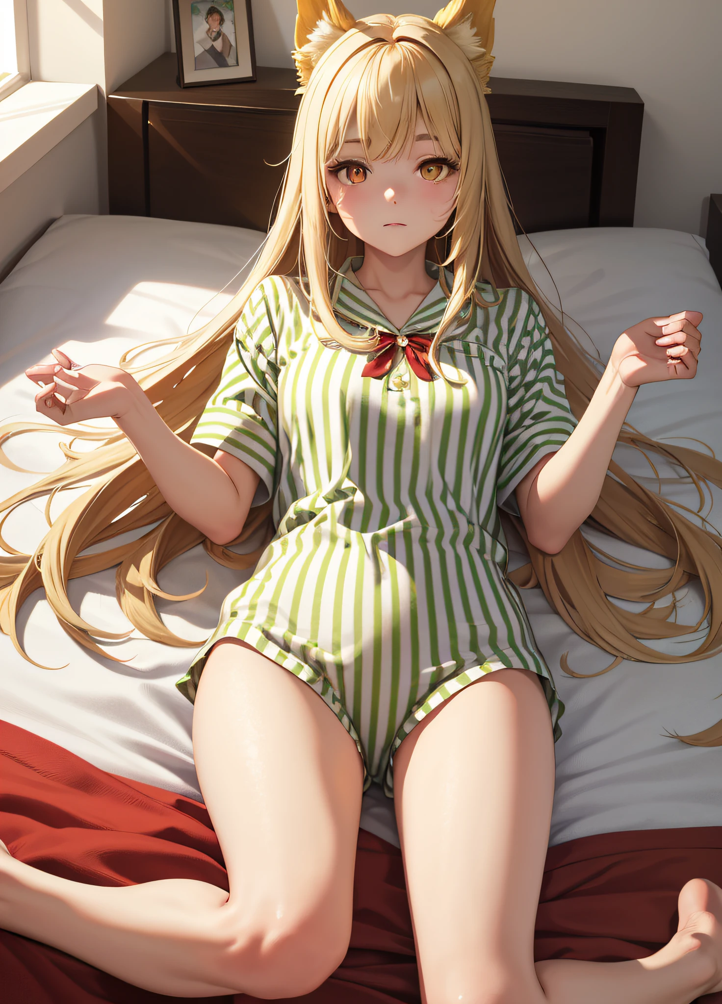 Masterpiece, Best Quality, Alone, (Young Woman), Solo, Blonde Long Straight Hair, Big, Dog Ears, (Golden Eyes), Pajamas with Green and White Stripes, Barefoot, (Red Cheeks), (Very Sleepy), Open Legs, ((Aomuke)), Lying, Looking Down from Above