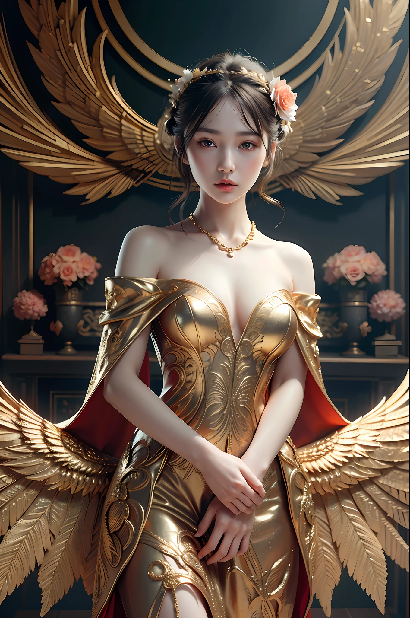 (RAW photo, best quality), (realistic, photo-realistic:1.3), masterpiece, hyper detail, intricate details, CG, unity, 2k wallpaper, Amazing, dramatic light, Phoenix dress, 1girl, gold dress, lace trim, solo, flower, jewelry, hair ornament, necklace, gold wings, bare shoulders, brunette , bird, rose