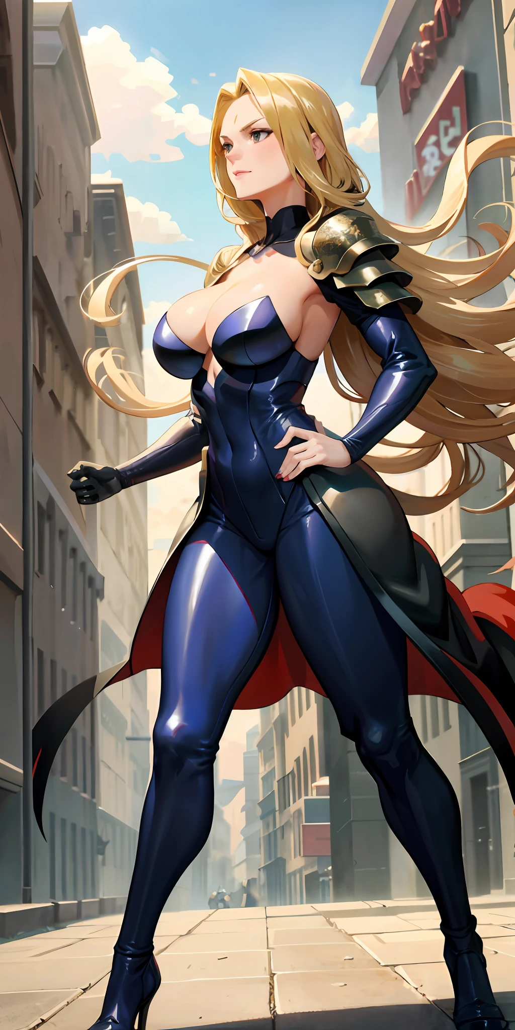 Tall beautiful woman with blonde hair in armor in war and deaths
