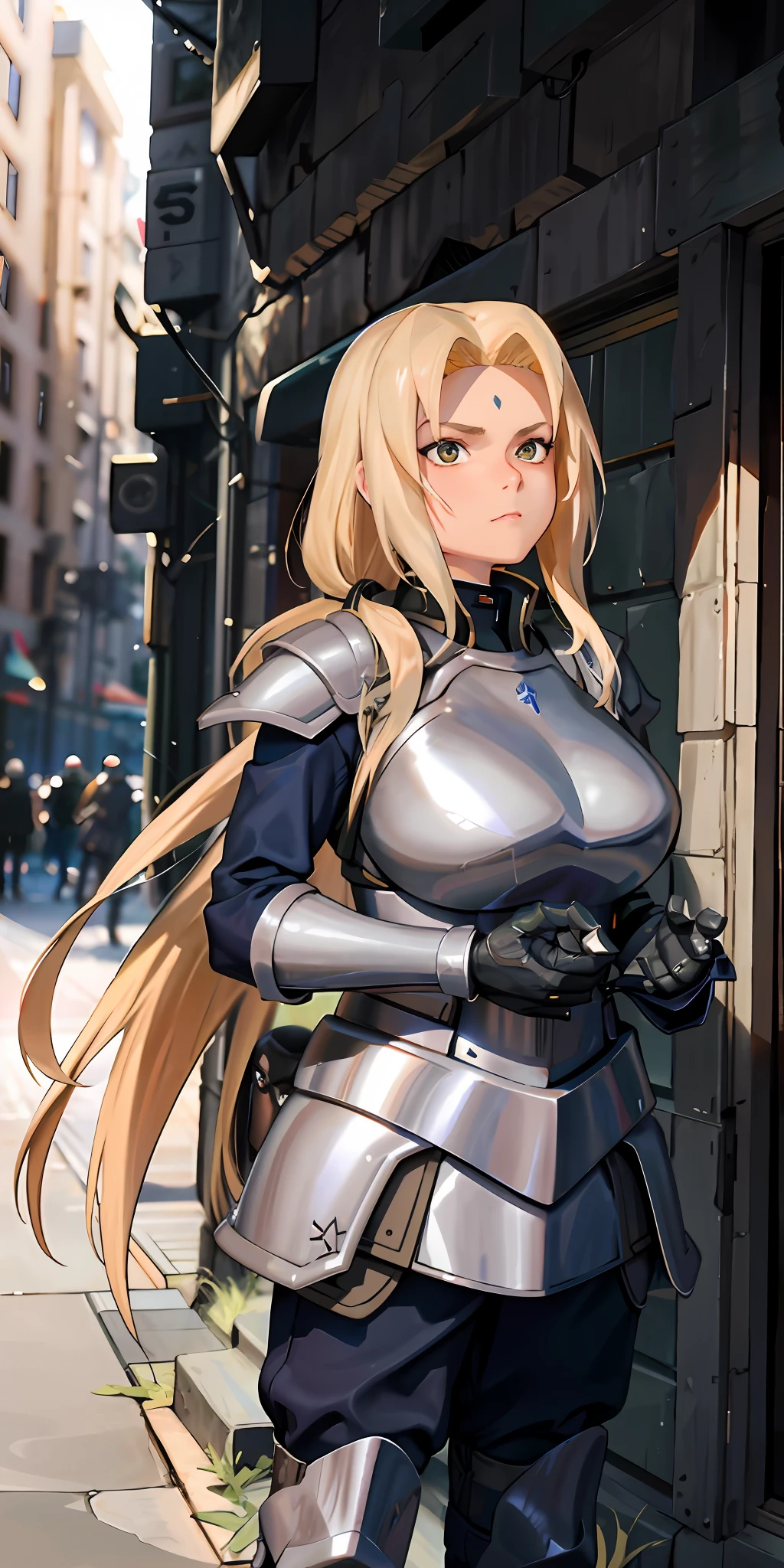 Tall beautiful woman with blonde hair in armor at war