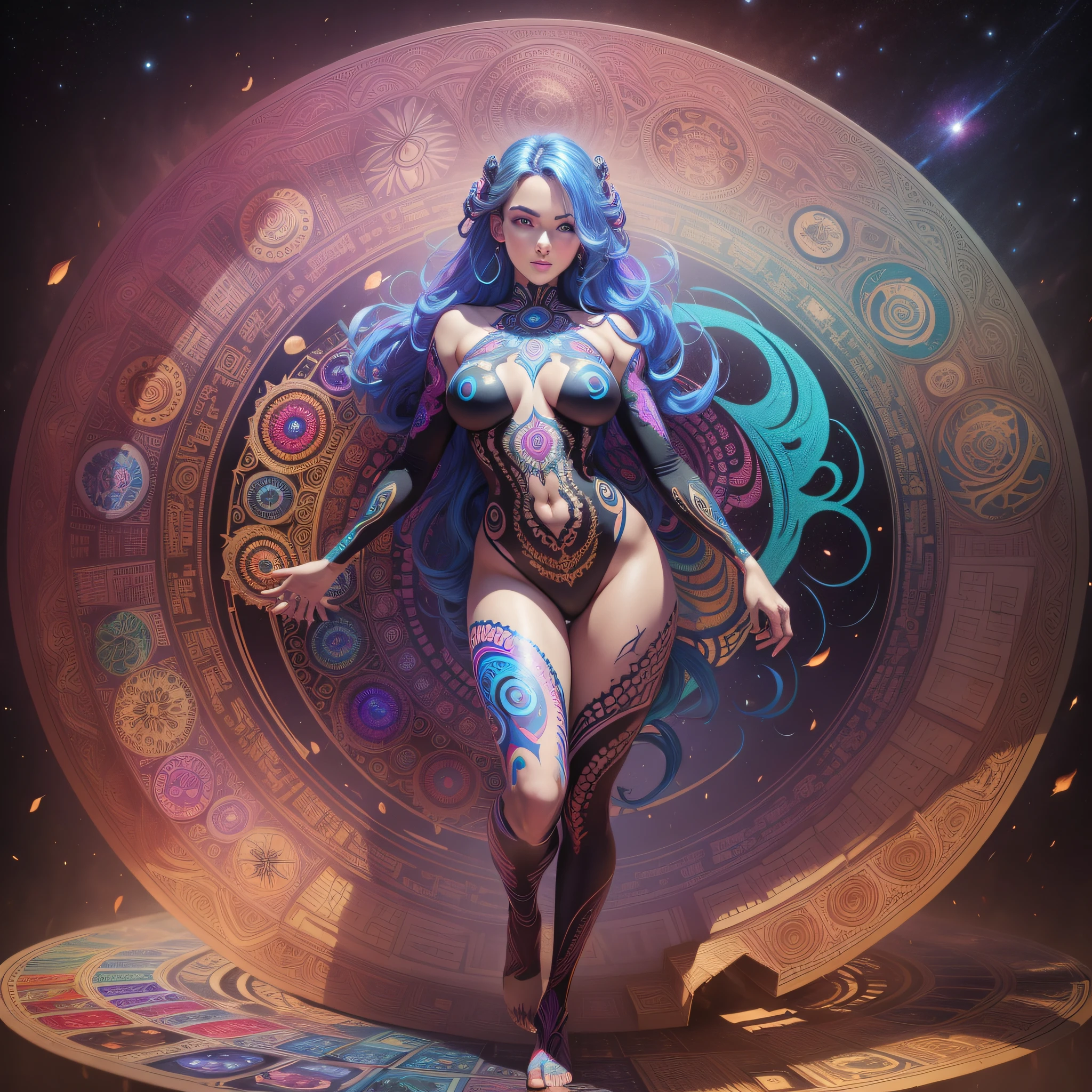 ((Best quality, 8k, Masterpiece :1.3)) beautiful woman: 1.3, beautiful face with good sharpness, full body, saturated colors, psychedelic image, LSD, mandala, fractral, costume, tattoo, painted body, art similar to Alex Grey's art, lots of color saturation, vortex, planet earth, galaxy, with lots of lighting, shading and contrast, 3D, no clothes