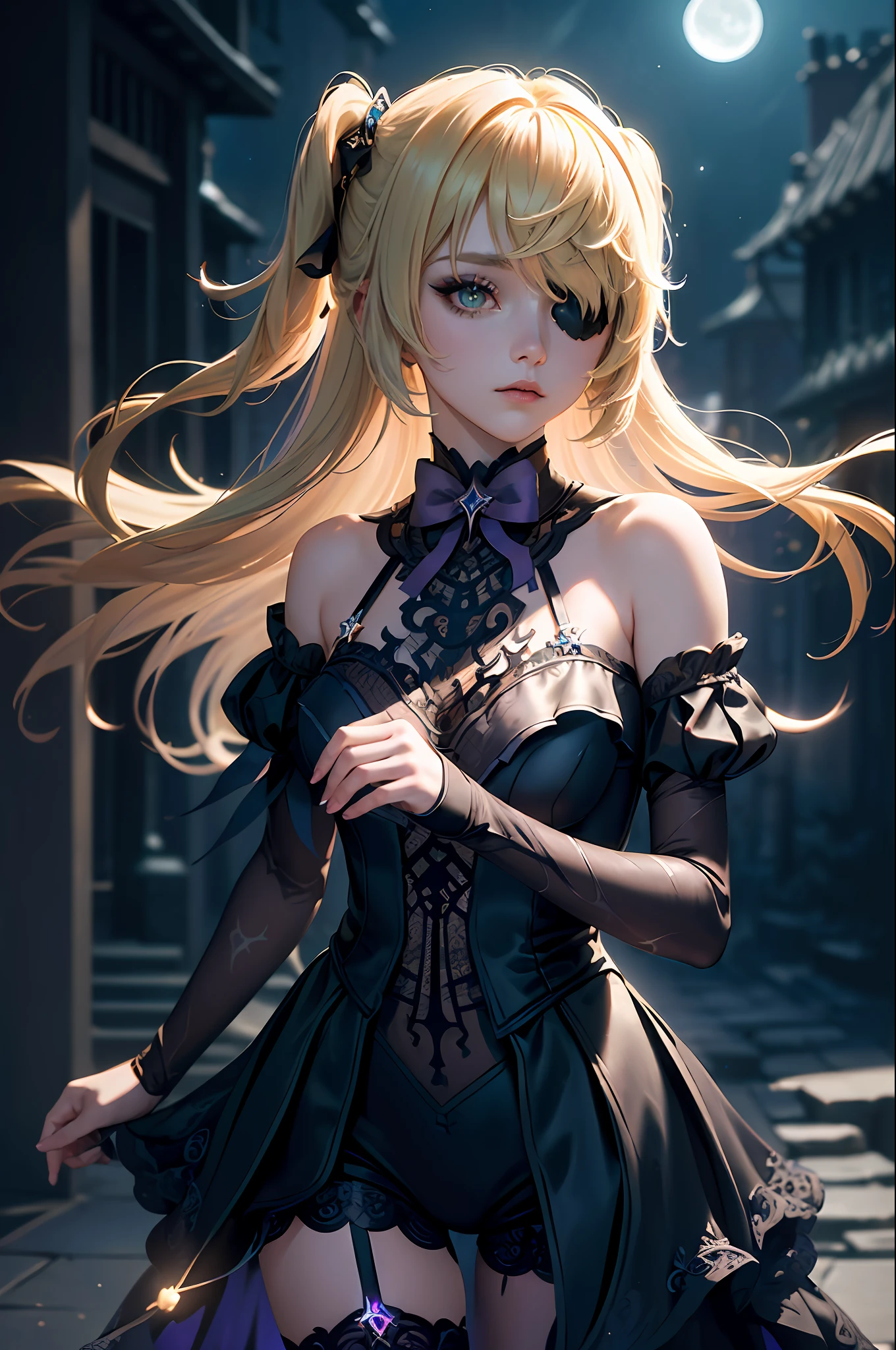 (Masterpiece:1.2), best quality, (night sky, medium length blond hair:1.2),(illustration:1.2), eyepatch, beautiful scenery, (Masterfully crafted Glow, lens flare), (ultra-detailed), hyper details, (delicate detailed), (intricate details), (cinematic light, best quality Backlights), clear line, new world, viewer, solo female, solo female, perfect body, (1girl), (Bright bioluminescent hair hair, bright glowing eyes), (Dynamic:1.3), ((makeup)), high contrast, (best illumination, an extremely delicate and beautiful), ((cinematic moonlight)), colourful, ((Photoshop Pastel Painting:1.1)), ethereal, (Cinematic masterpiece),suspense, splashes of colour, absolutely eye-catching, ((caustic)), dynamic angle ,beautiful (detailed glow), (eerie),(Intricate Detailed Cinematic Scenery Behind:1.2),ambient occlusion, (ambient moonlight), ray-traced reflections, intricately detailed visible background , (glowing spacesuit), (bioluminescent vegetation:1.2), blond ponytails, black rode eyepatch, dark purple gothic dress
