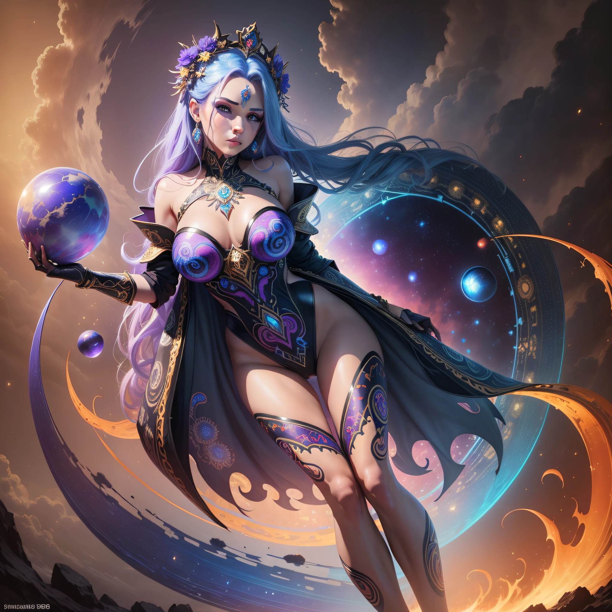 ((Best Quality, 8k, Masterpiece :1.3)) beautiful woman: 1.3, beautiful face with good sharpness, woman in position 69 with another woman, full body, saturated colors, psychedelic image, LSD, mandala, fractral, costume, tattoo, painted body, wedding outfit, body leaning forward, art similar to Alex Grey's art, lots of color saturation, vortex, ultra realistic, planet earth,  galaxy, with lots of lighting, shading and contrast, RPG, mage, eyes well centered and with contrast, 3D depth, royal costumes