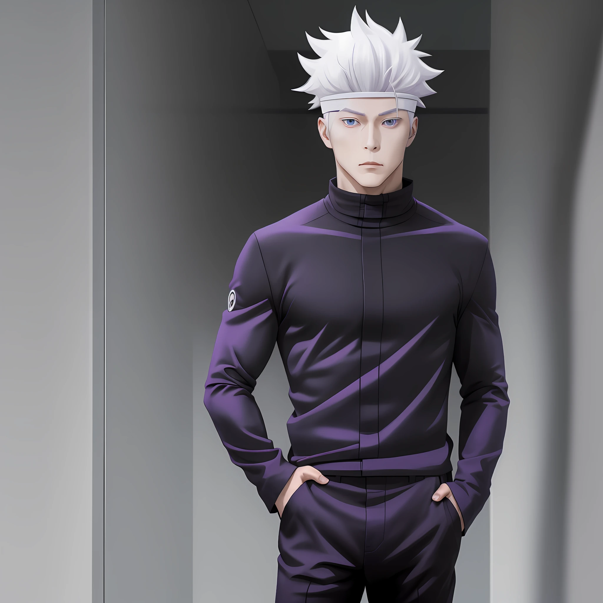 gojo Satoru,white hair, jujutsu kaisen anime,realistic, ultra hd, standing, hands in trouser pockets, has cloth in his eyes that tert,handsome anime pose, a muscular, male anime character, anime man, inspired by Yamagata Hiro, full-cosplay, professional cosplay, muscular male hero,perfect skin anime,black,one man in frame,dark purple suit and black shoes is making a peace sign,