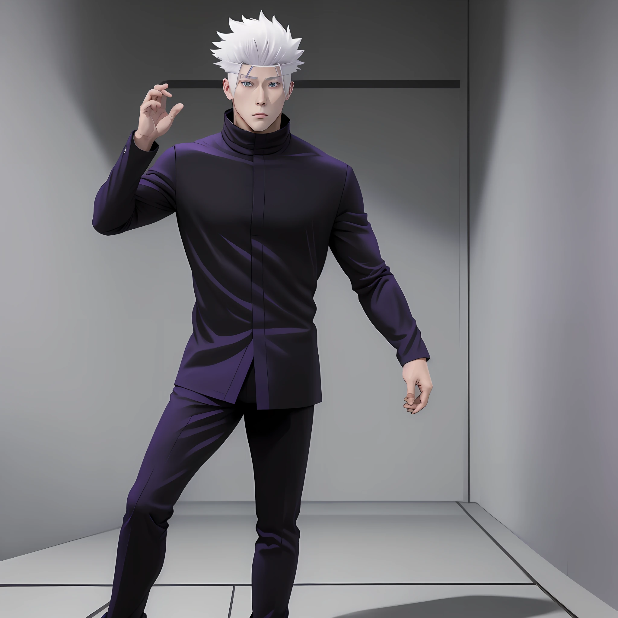 gojo Satoru,white hair, jujutsu kaisen anime,realistic, ultra hd, standing, hands in trouser pockets, has cloth in his eyes that tert,handsome anime pose, a muscular, male anime character, anime man, inspired by Yamagata Hiro, full-cosplay, professional cosplay, muscular male hero,perfect skin anime,black,one man in frame,dark purple suit and black shoes is making a peace sign,