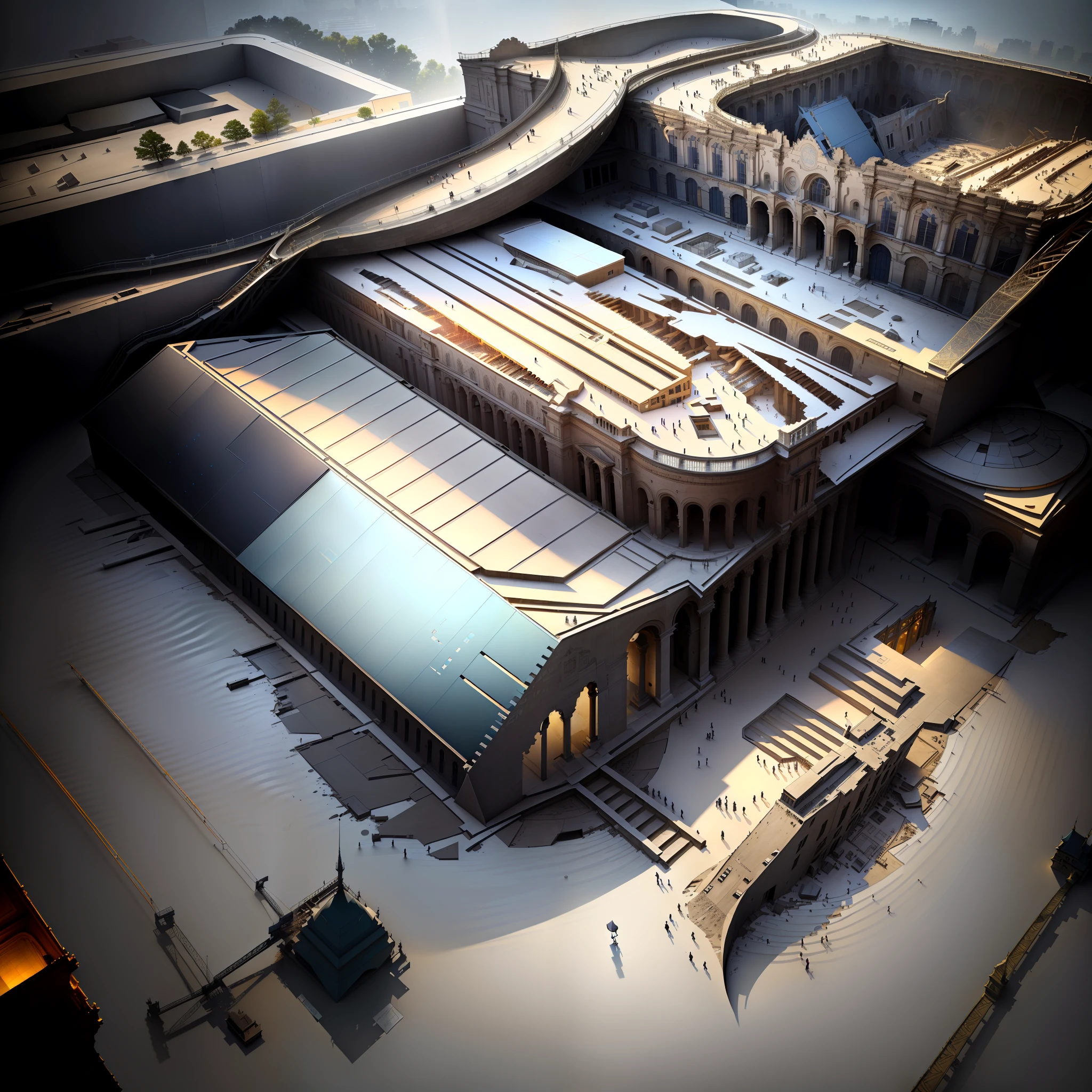 (Museum of deconstruction, exterior shot, wide angle),(high details, high quality, best illumination).