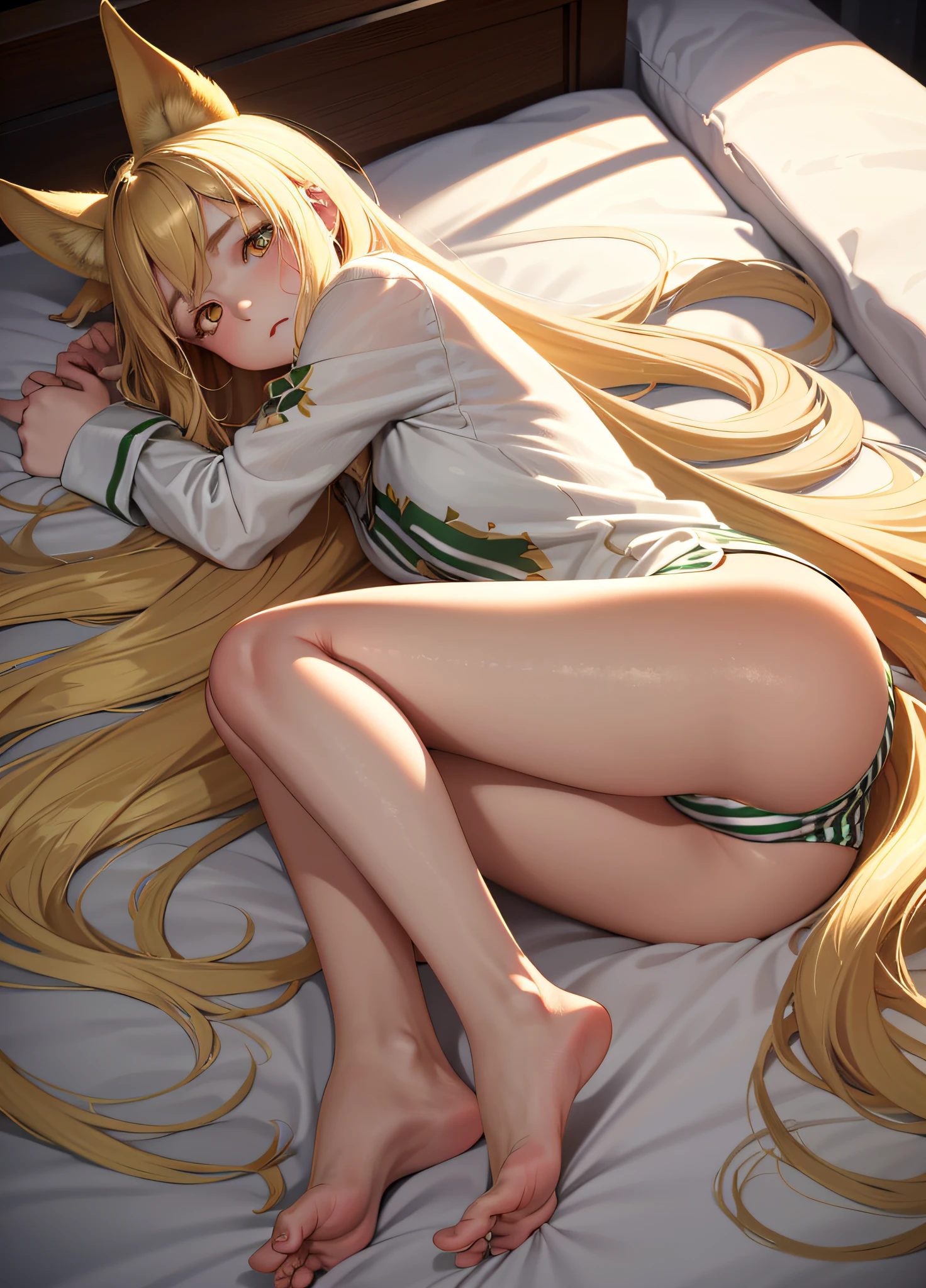 Masterpiece, Top Quality, Alone, (Young Woman), Solo, Blonde Long Straight Hair, Big, Dog Ears, (Golden Eyes), Pajamas with Green and White Stripes, Barefoot, Red Cheeks, (Sleeping)), Very Sweaty, Open Legs, (Face Down), Lying (Very Dark)), (Midnight Room))), On the bed, Looking down from above