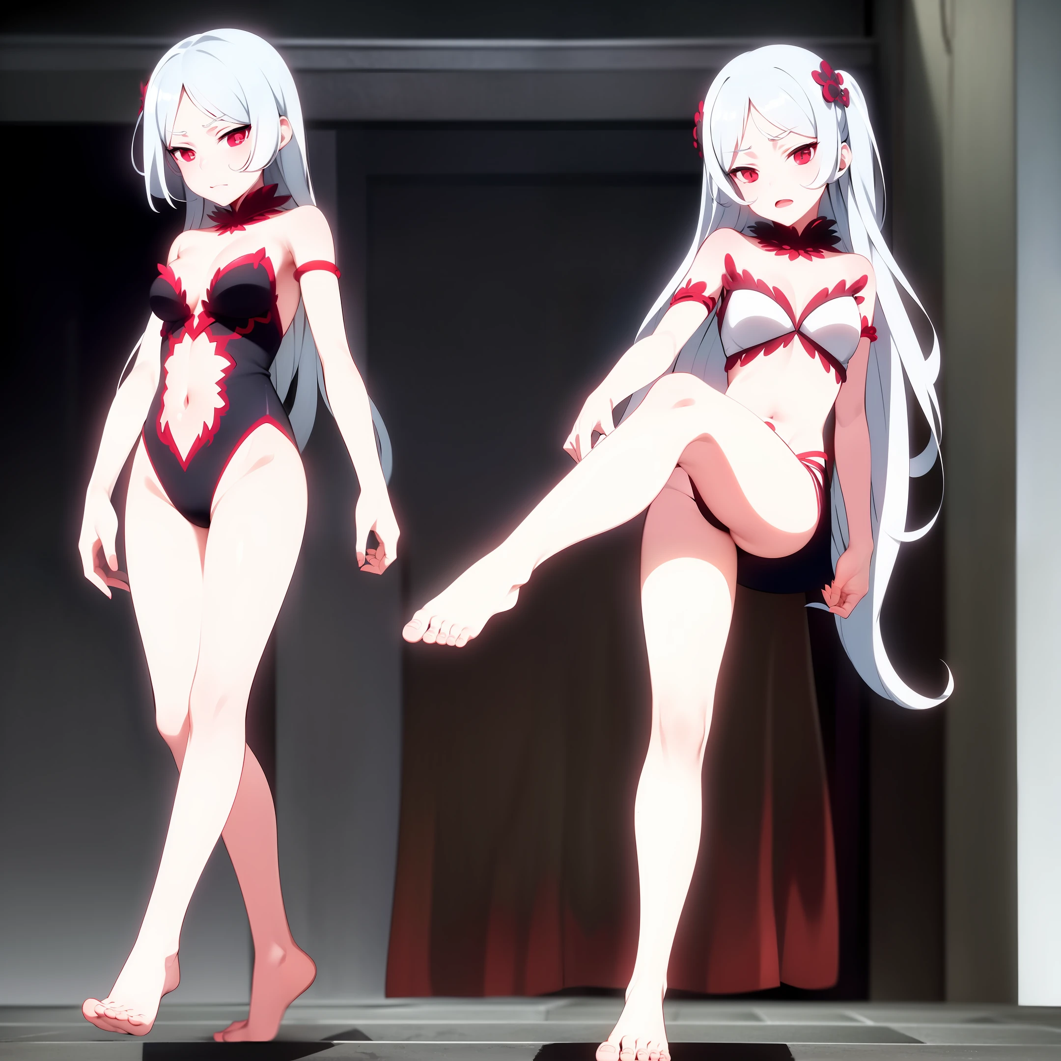 White hair, red eyes, , high legs, bare feet