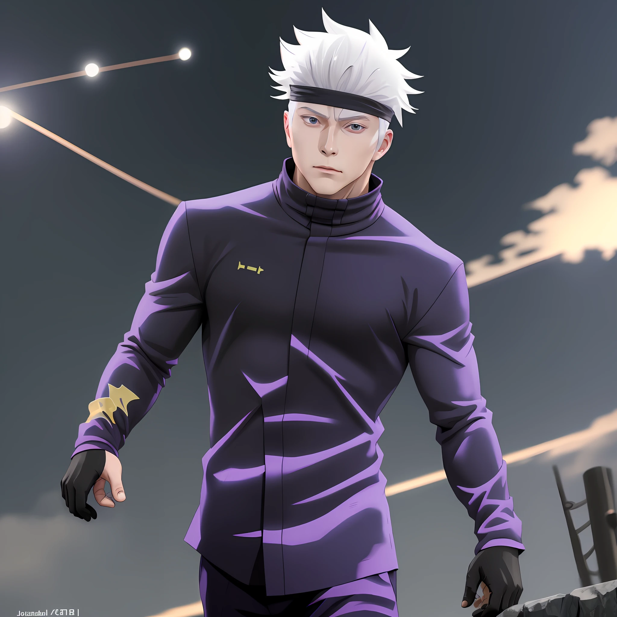 gojo Satoru,white hair, jujutsu kaisen anime,realistic, ultra hd, standing, hands in trouser pockets, has cloth in his eyes that tert,handsome anime pose, a muscular, male anime character, anime man, inspired by Yamagata Hiro, full-cosplay, professional cosplay, muscular male hero,perfect skin anime,black,one man in frame,dark purple suit and black shoes is making a peace sign,bokeh background