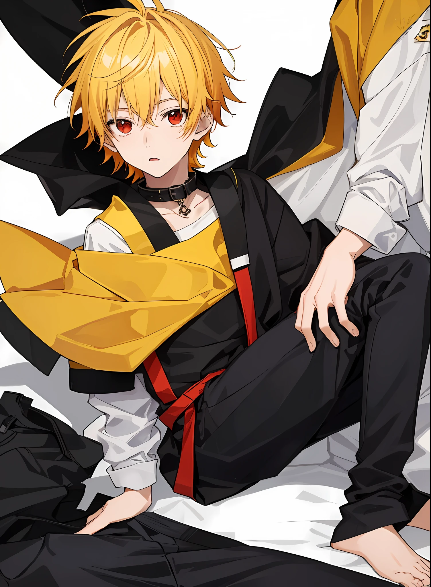  male, yellow hair, short hair, puppy, collar, red eyes, dog ears, modern school uniform