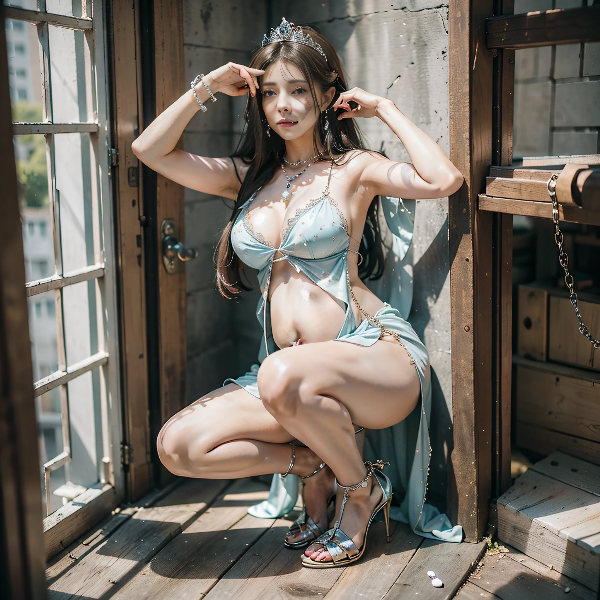 Crime Princess, Criminal's Cell, Locked, Half Squat, Pregnant Belly, Head in Hands, Armpits, Pearl Jewelry, Princess Crown, Barbing: 1.3, Foot Chain: 1.3, Sexy Translucent Dress, Stiletto Heels Insulation Heels, French Pointed Toe Heels: 1.3, Big Breasts Sagging, White Skin, 8K,