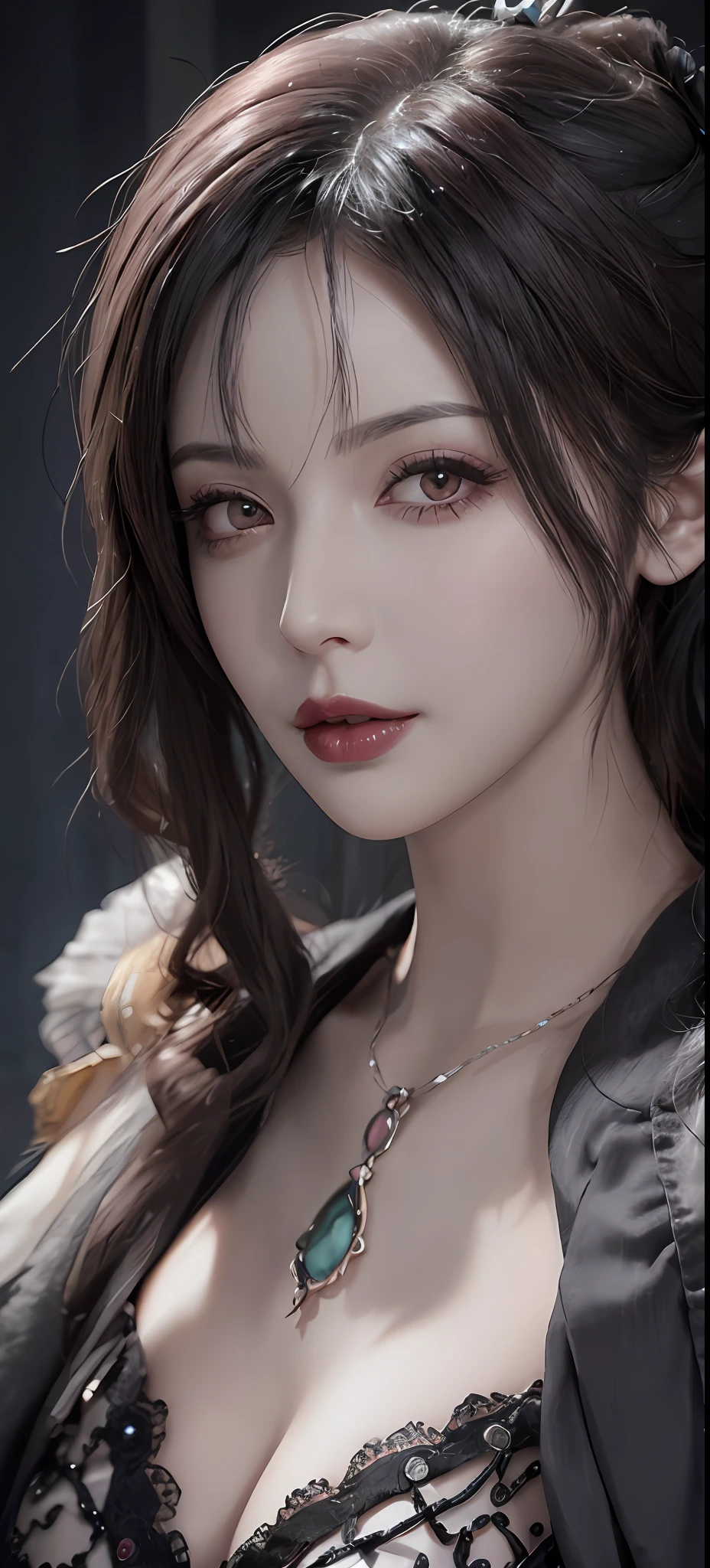1 mature woman, lady, (solo), upper body, slightly closed eyes, gothic style, lipstick, detailed face details, makeup, glowing lips, ( pale skin), necklace, blush, sexy, seductive, gray hair