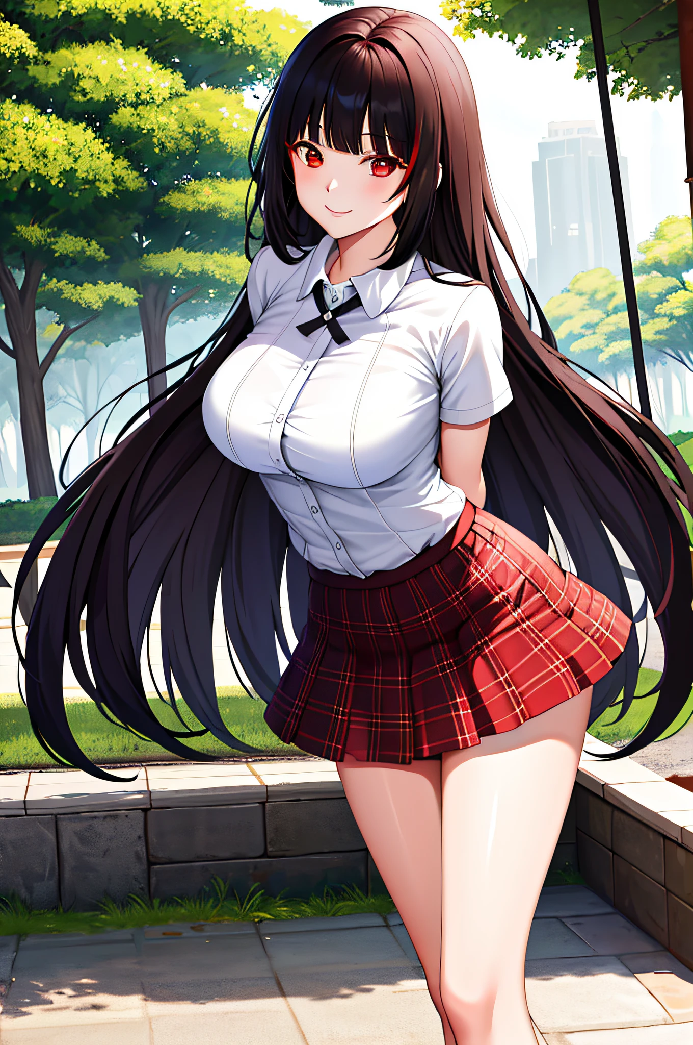 masterpiece, best quality, highres, hmjy1, long hair, blunt bangs, red eyes, collared shirt, plaid skirt, arms behind back, smile, leaning forward, outdoors,