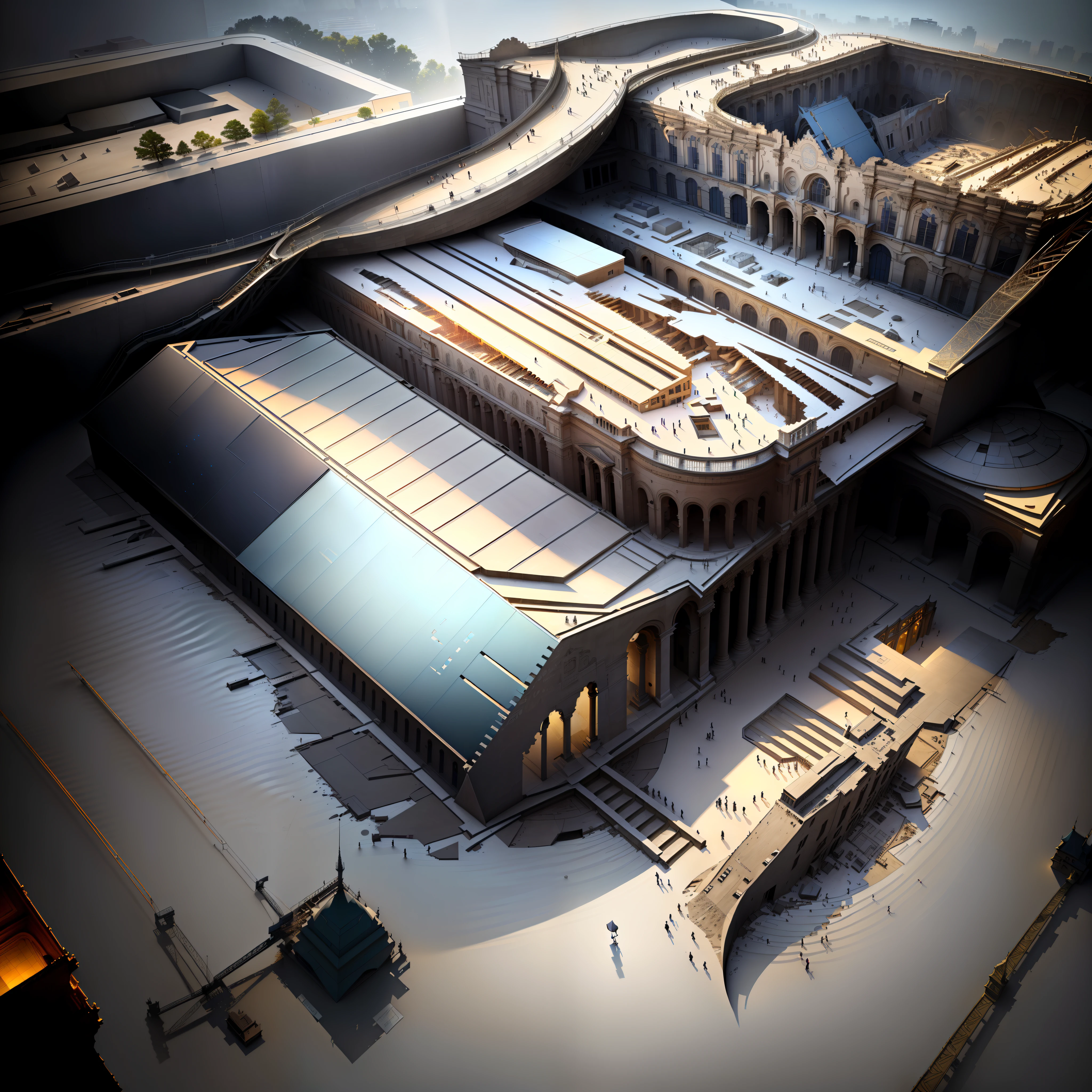 (Museum of deconstruction, exterior shot, wide angle),(high details, high quality, best illumination).
