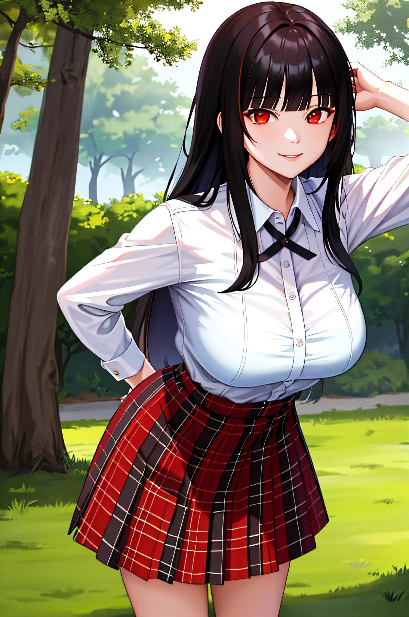 masterpiece, best quality, highres, hmjy1, long hair, blunt bangs, red eyes, collared shirt, plaid skirt, arms behind back, smile, leaning forward, outdoors,