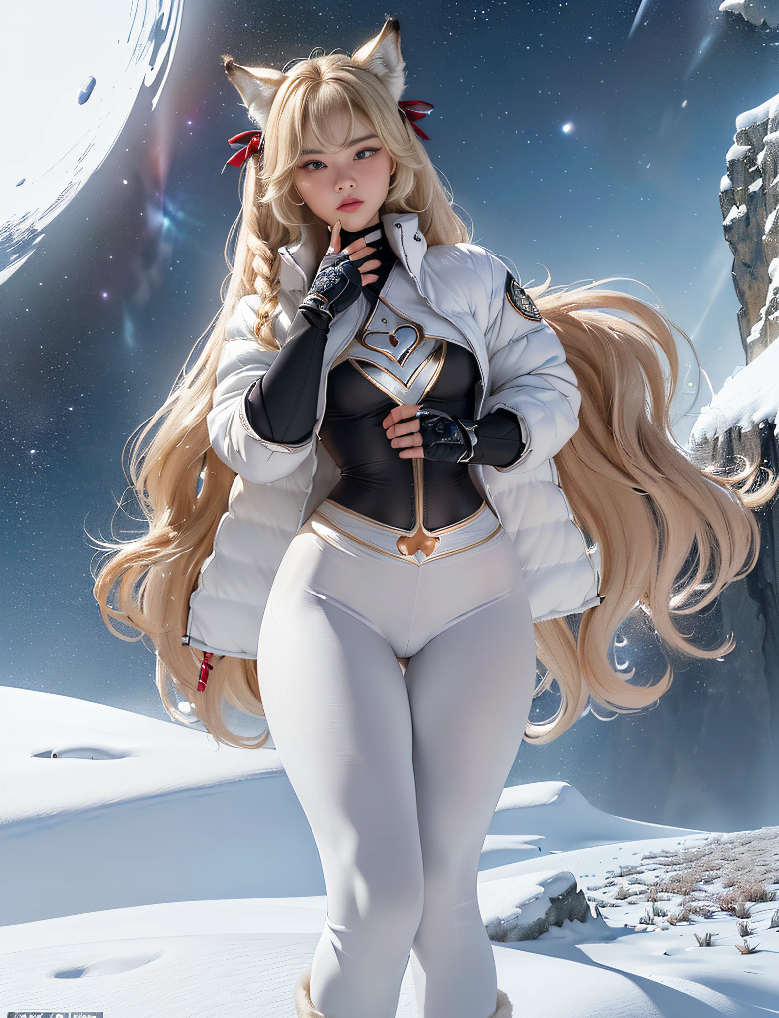 ((very detailed RAW color photo)), (((1 girl))), (((alone))), (((30 years))), ((athletic)), ((very defined toned physique)), ((very defined and beautiful muscular body)), (((very detailed perfect body))), (((small and defined breasts))), (((ultra defined curves))), (((superior quality, 8k, masterpiece: 1.3)), sharp focus: 1.2, (((extremely beautiful girl with perfect figure: 1.4))), ((very thin waist: 1.2)), ultra detailed skin texture, ((perfect and beautiful hands)), ((smooth and soft skin)), (ultra detailed fabric texture), extremely beautiful face ultra detailed, (((extremely beautiful))), ultra detailed, (((girl wearing a white military snow jacket and tight snow leggings with very modern hiking boots))), (((the suit is white and modern))), (((extremely long curly blonde hair))), extremely beautiful, (((extra long ponytail with bangs))), ((very detailed and beautiful wolf ears)), (hair on the face), ((hair ribbon)), dynamic pose, ((uniform leaves thighs exposed)), ((ultra detailed and toned legs)), (((ultra detailed waist))), (((very wide hips))), (((very thick and toned thighs))), (sexy), (((extreme hourglass figure))), (((very thick heart lips))), ((red lipstick)), ((ultra detailed lips)), ((ultra detailed and bright calypso eyes)), ((angry look)), (((staring at the viewer))), ultra detailed provocative mouth, extremely beautiful seductive lips, ((blushing)), (makeup), (((ultra defined waist))), eye shadow, (full body shot), she is on a snowy mountain, starry sky, galaxies, sun, nebulae, stars, deep space