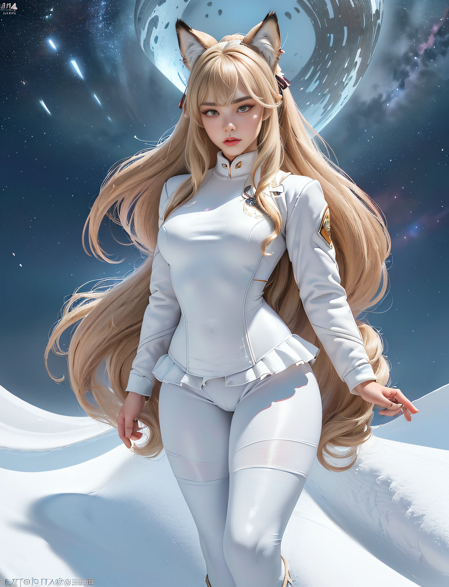 ((very detailed RAW color photo)), (((1 girl))), (((alone))), (((30 years))), ((athletic)), ((very defined toned physique)), ((very defined and beautiful muscular body)), (((very detailed perfect body))), (((small and defined breasts))), (((ultra defined curves))), (((superior quality, 8k, masterpiece: 1.3)), sharp focus: 1.2, (((extremely beautiful girl with perfect figure: 1.4))), ((very thin waist: 1.2)), ultra detailed skin texture, ((perfect and beautiful hands)), ((smooth and soft skin)), (ultra detailed fabric texture), extremely beautiful face ultra detailed, (((extremely beautiful))), ultra detailed, (((girl wearing a white military snow jacket and tight snow leggings with very modern hiking boots))), (((the suit is white and modern))), (((extremely long curly blonde hair))), extremely beautiful, (((extra long ponytail with bangs))), ((very detailed and beautiful wolf ears)), (hair on the face), ((hair ribbon)), dynamic pose, ((uniform leaves thighs exposed)), ((ultra detailed and toned legs)), (((ultra detailed waist))), (((very wide hips))), (((very thick and toned thighs))), (sexy), (((extreme hourglass figure))), (((very thick heart lips))), ((red lipstick)), ((ultra detailed lips)), ((ultra detailed and bright calypso eyes)), ((angry look)), (((staring at the viewer))), ultra detailed provocative mouth, extremely beautiful seductive lips, ((blushing)), (makeup), (((ultra defined waist))), eye shadow, (full body shot), she is on a snowy mountain, starry sky, galaxies, sun, nebulae, stars, deep space