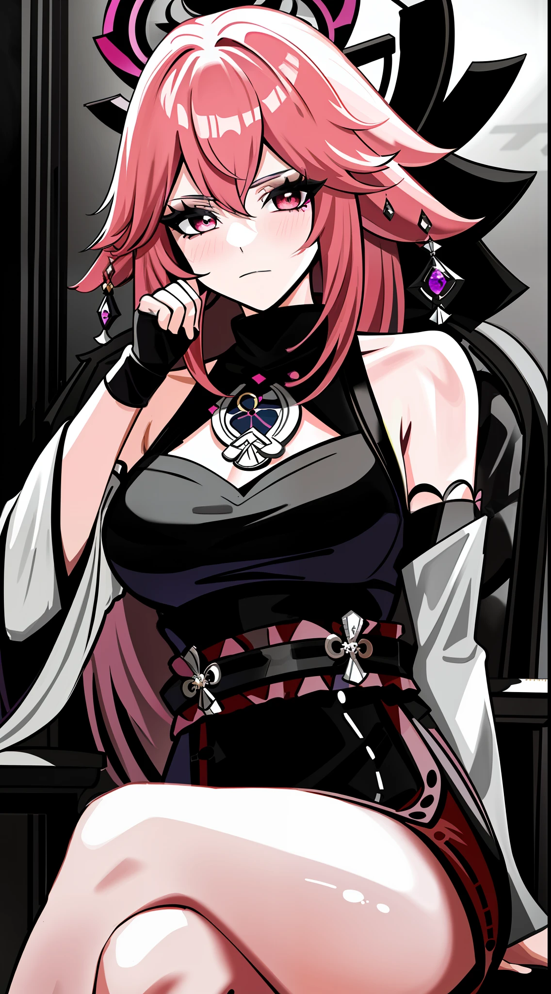 masterpiece, best quality, highres, 1girl, solo, yae miko (Genshin impact), pink hair, gothic makeover, dark reinterpretation, edgy attire, black wardrobe, darkened color palette, dramatic makeup, Gothic accessories, intricate details, mysterious aura, gothic chair, sitting.
