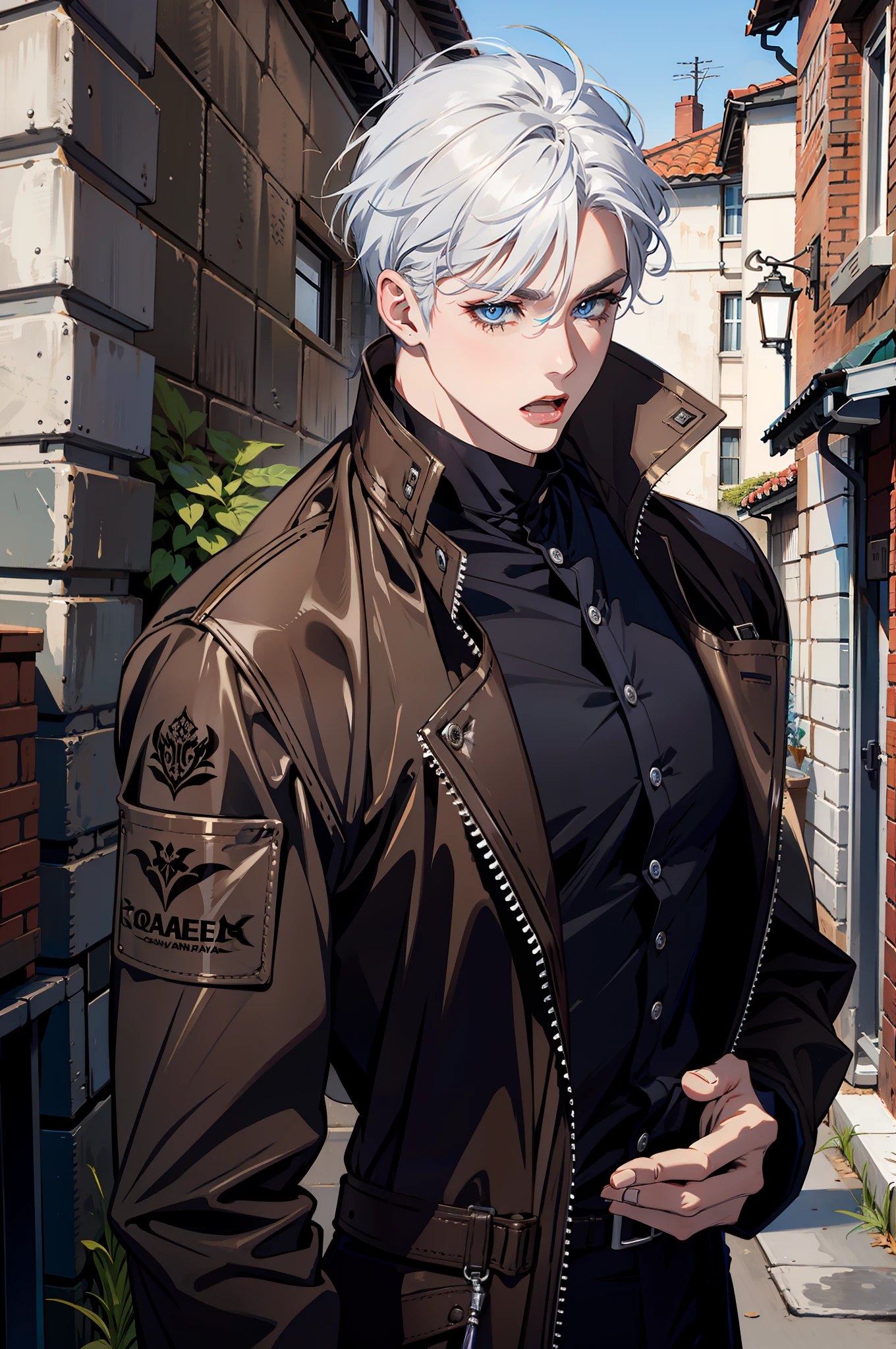 open mouth, silver hair, blue eyes