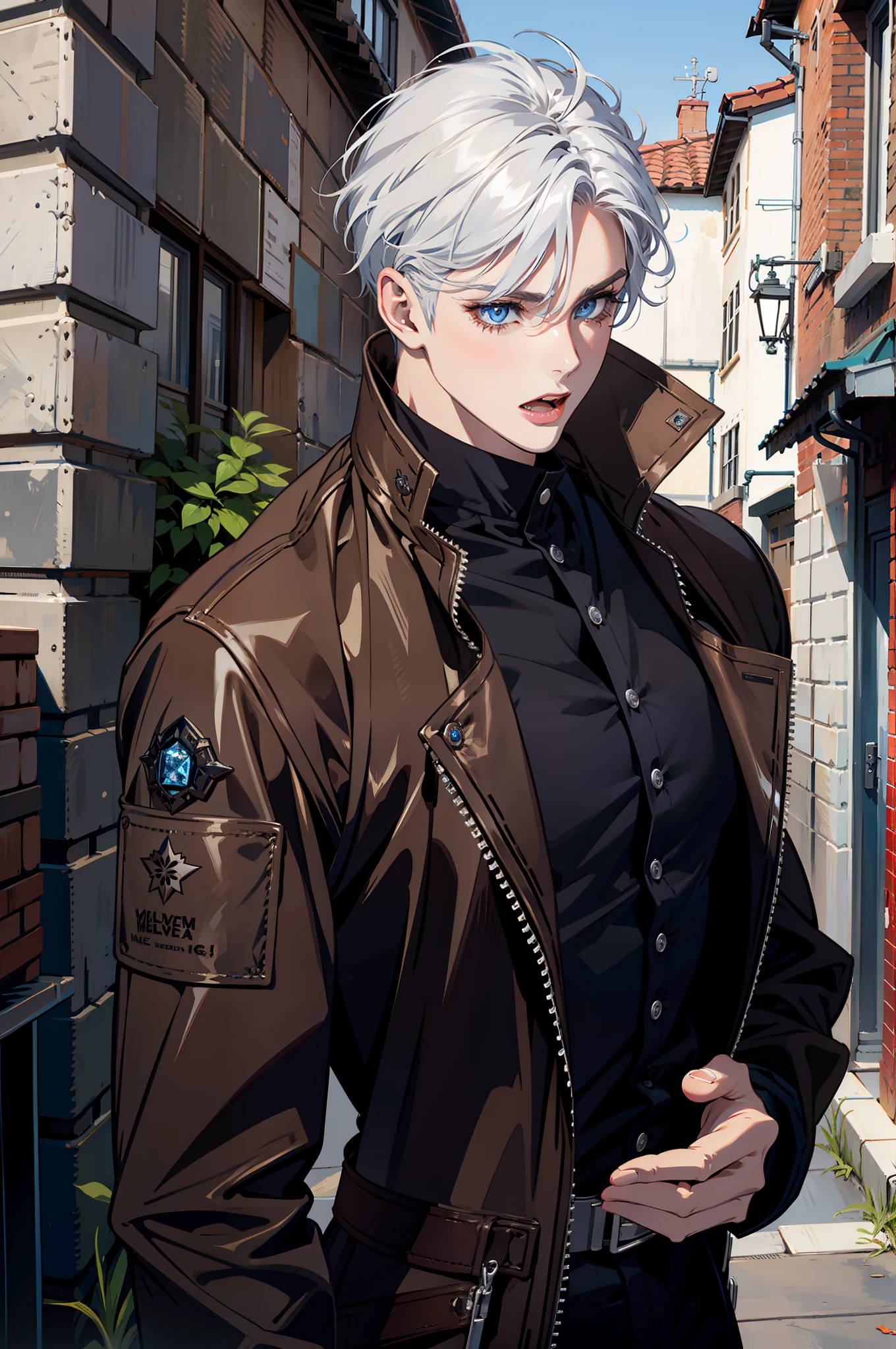 open mouth, silver hair, blue eyes